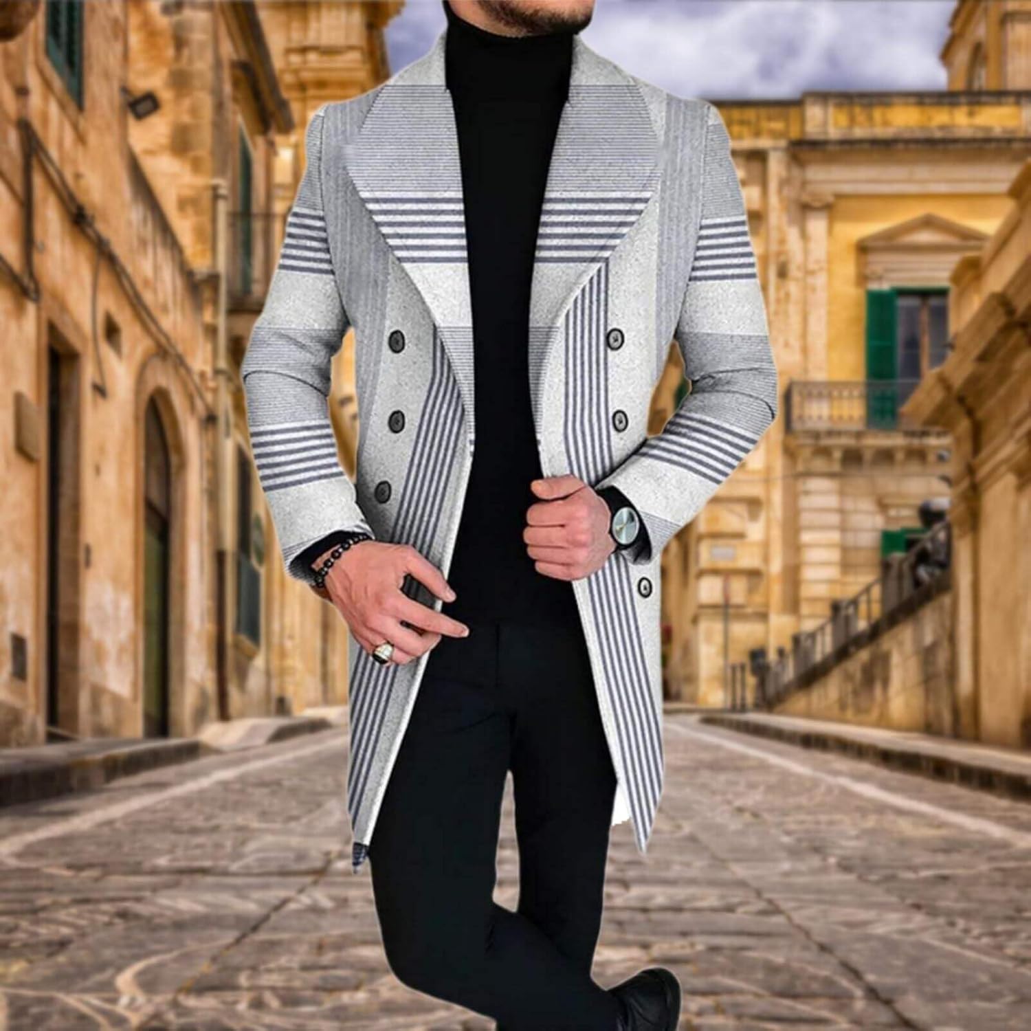 Men's Plaid Long Trench Coat Mid - Length Lapel Collar Button Down Warm Overcoat for Winter & Autumn Fashion - Image 2