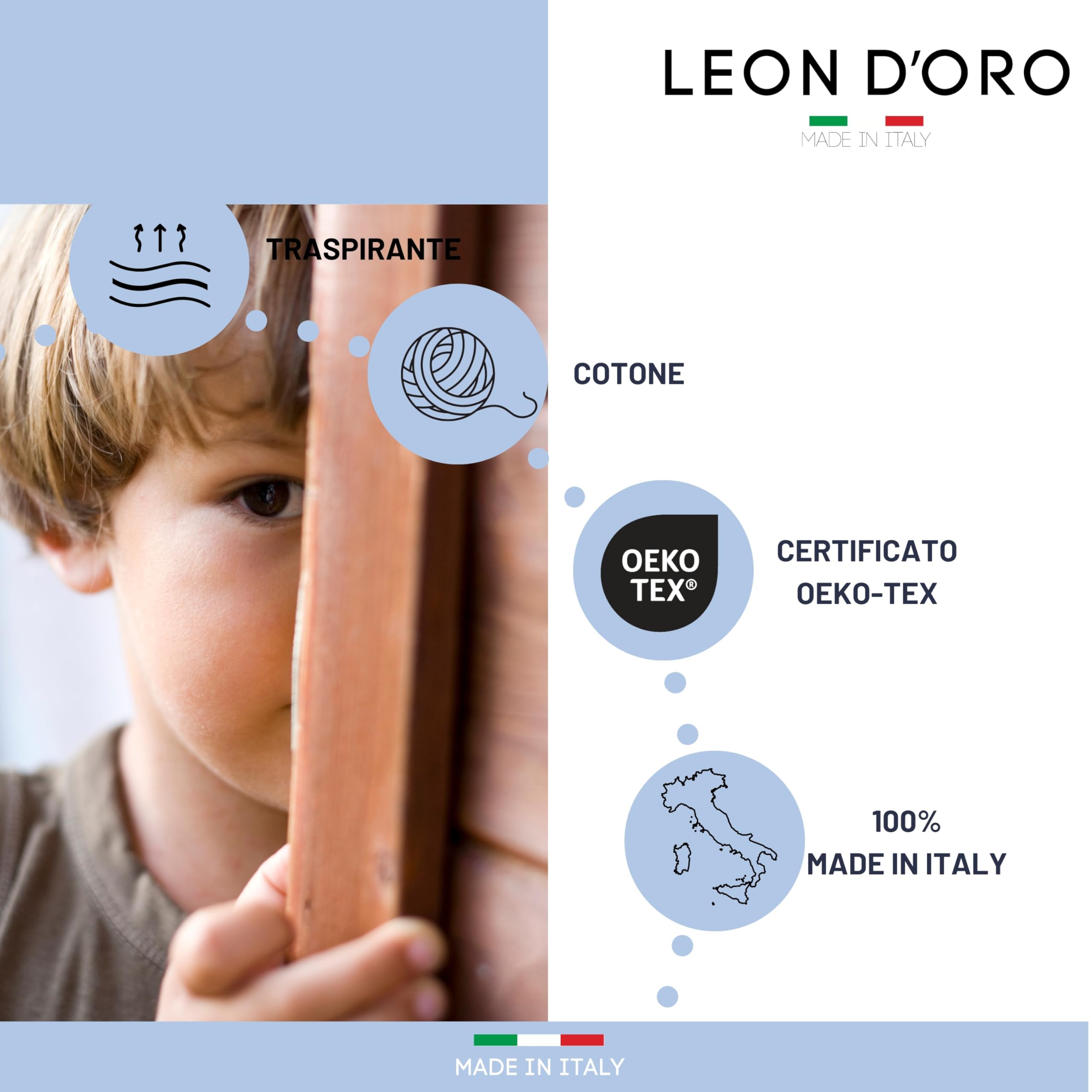 LEON D'ORO Chaussettes enfant fille coton élastique, chaussettes garçon fille pour école de loisirs 6 paires fabriquées en Italie