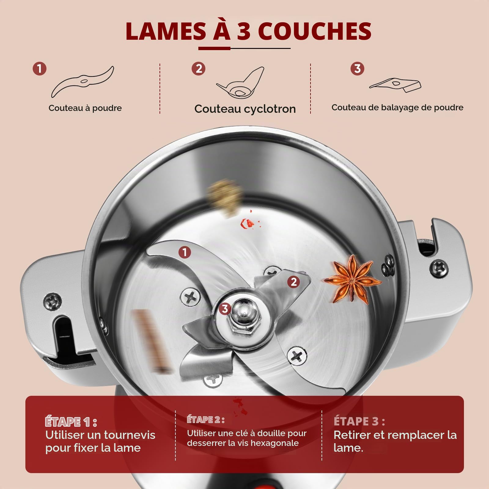 Moulin Céréales Grains électrique 150g,Broyeurs à Grains Haute Vitesse 220 V, Herb Moulin à Farine électrique mit 3 Lames, pour Herbes/Épices/Noix/Céréales Maison