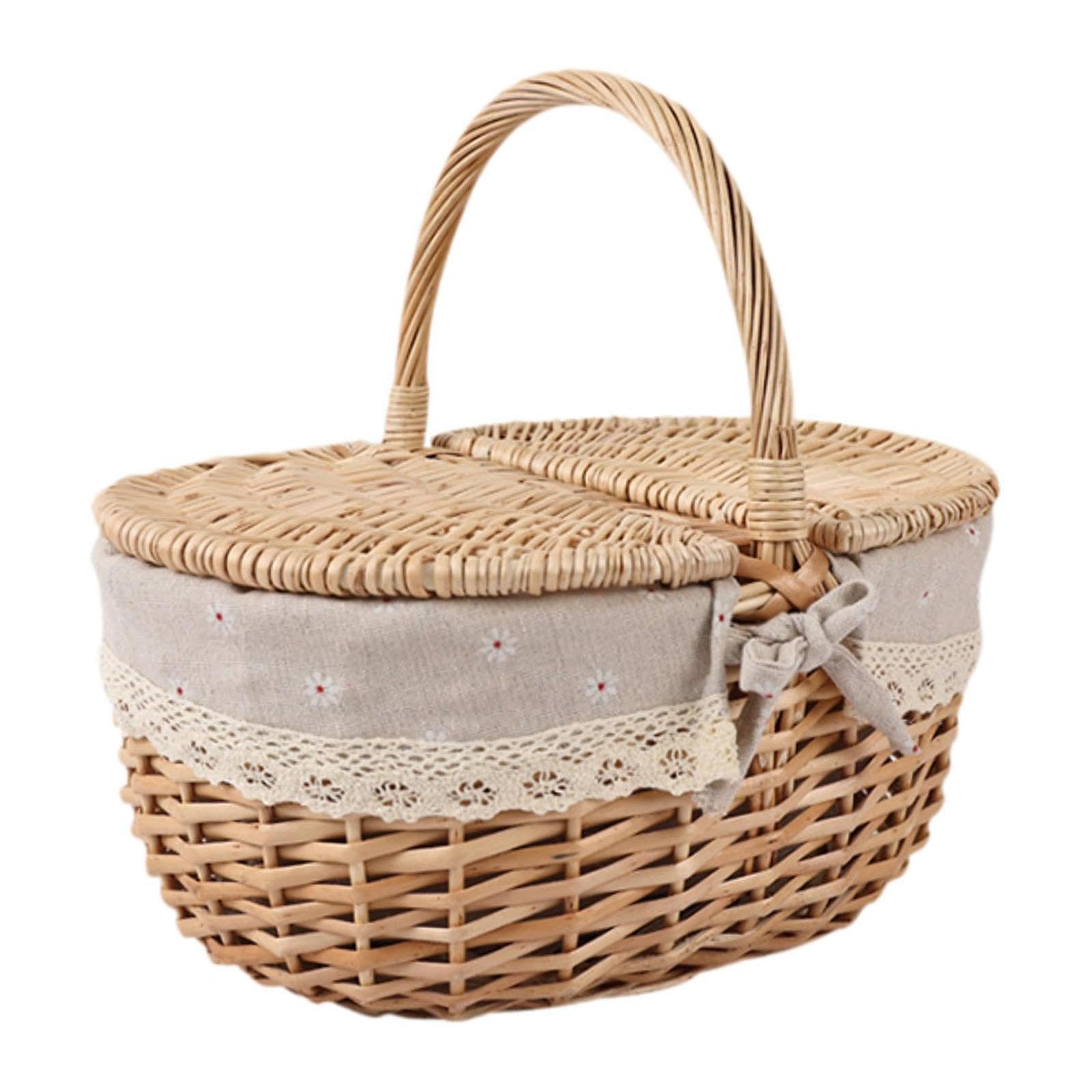 Cesta De Picnic De Mimbre Con Tapa - Tamaño Mediano (34x23x31 Cm), Forro Extraíble, Asa, Ideal Para Exterior