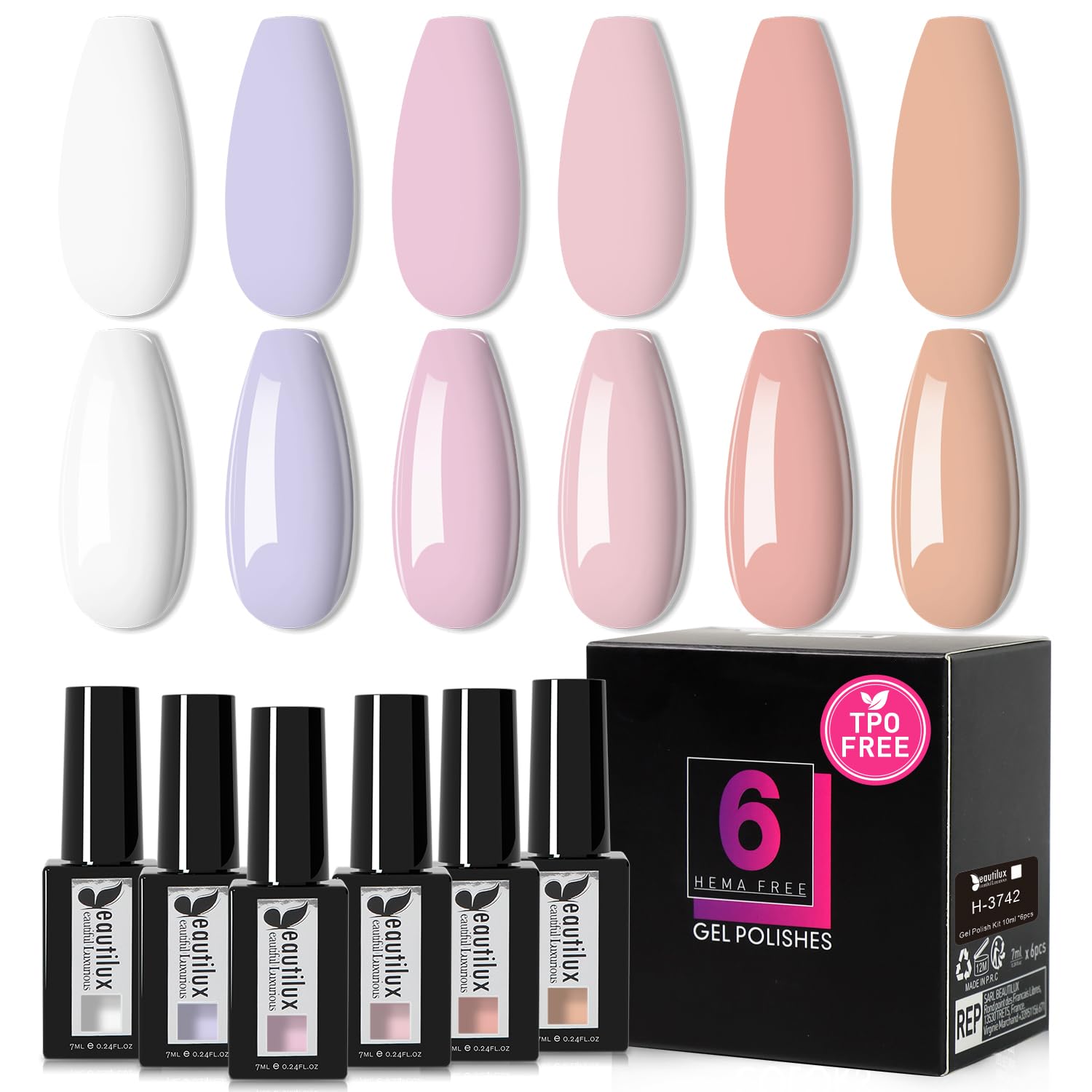 Beautilux HEMA-FREE Smalto Semipermanente per Unghie Senza-TPO, 6 Colori 7ml Soak Off Smalto Semipermanente Unghie per Manicure (H-3742)