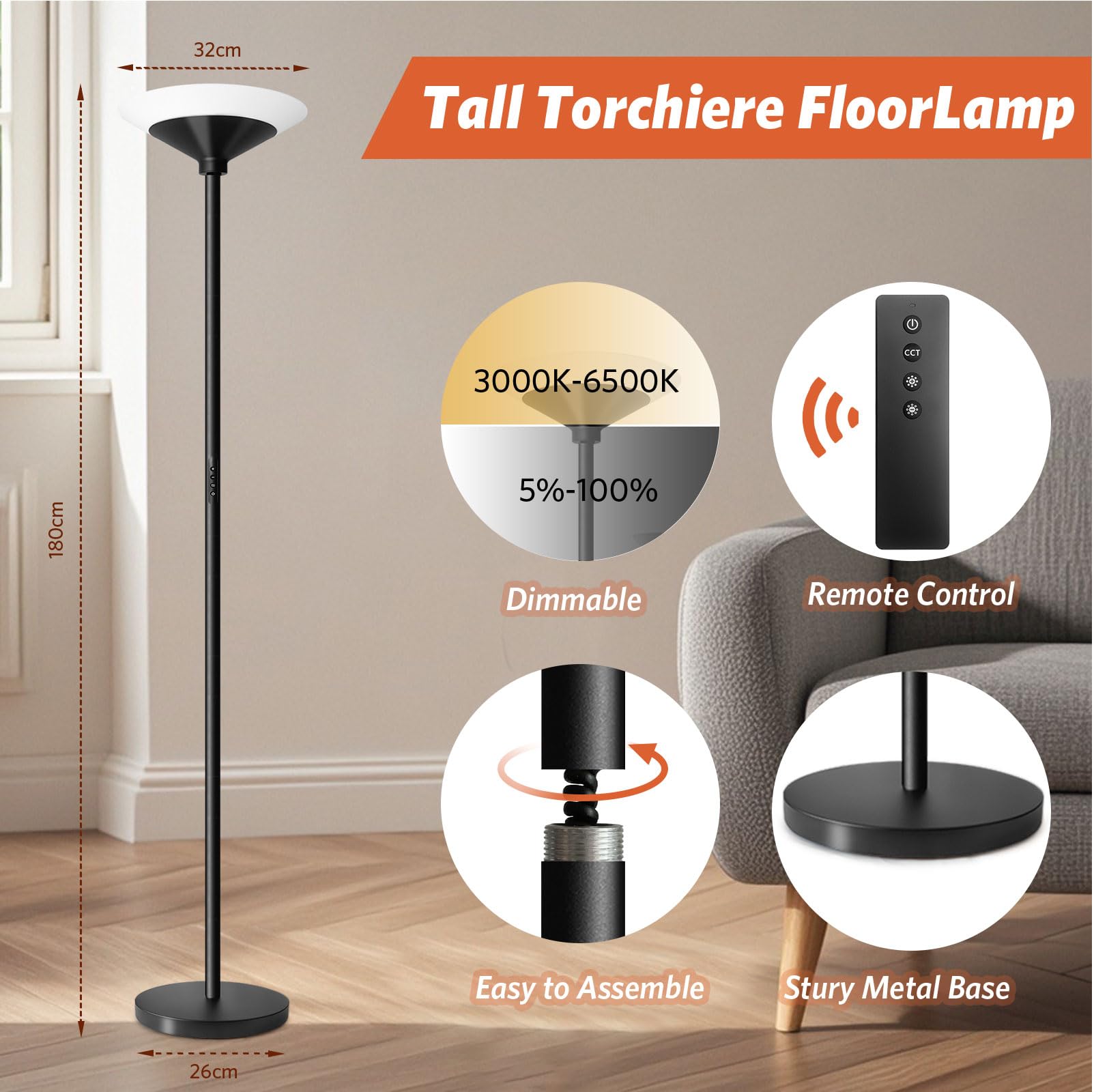 BBHome Piantana Lampada da Terra Dimmerabile, Lampada da Terra 27W LED con Telecomando e Touch, 3000K-6500K Moderna Lampada per Soggiorno, Camera da Letto, Ufficio, Nero