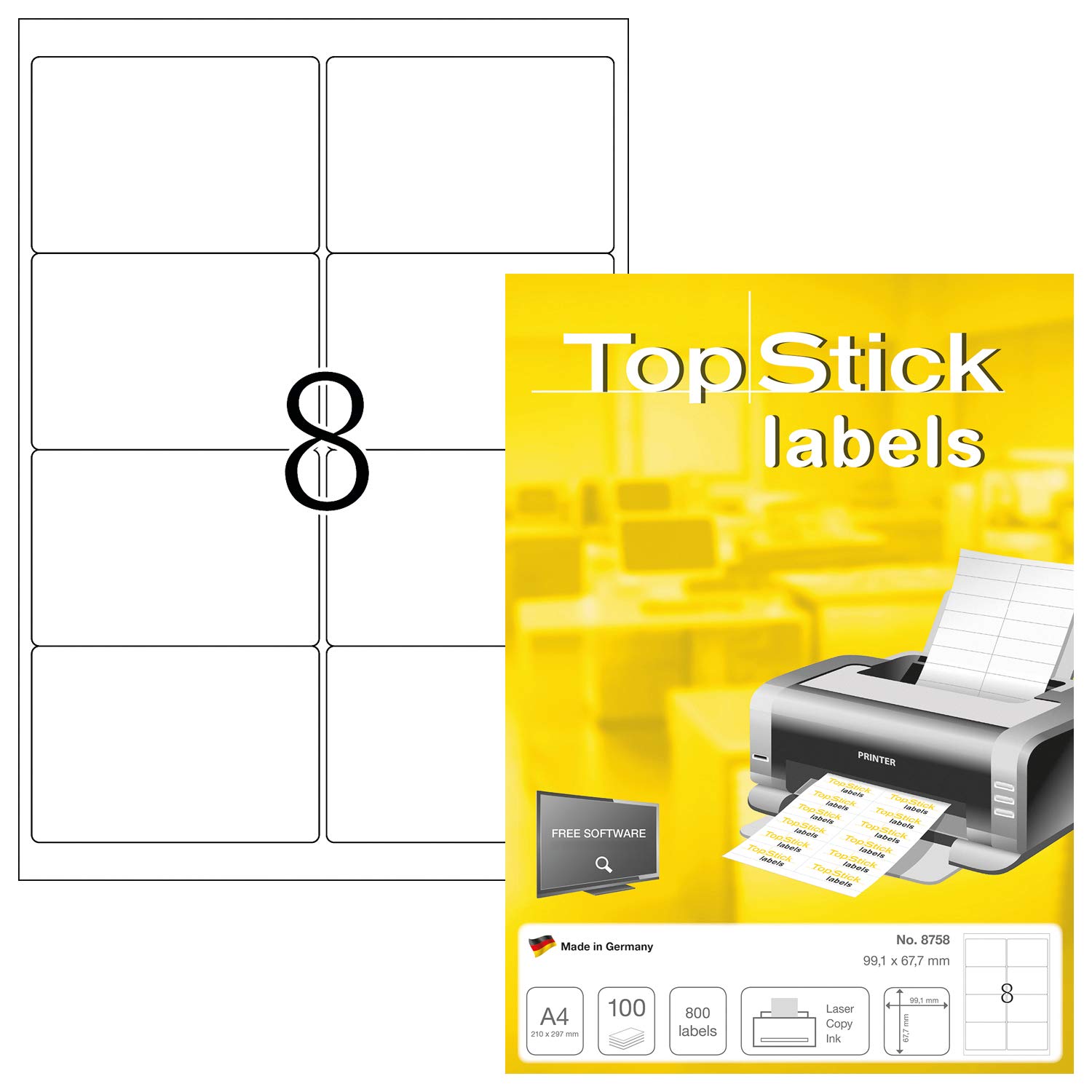 TopStick 8758 Adressetiketten, 100 Blatt, 99,1 x 67,7 mm, 8 pro A4 Bogen, 800 Stück, selbstklebend, bedruckbar, matt, blanko Papier Adressaufkleber Etiketten, weiß
