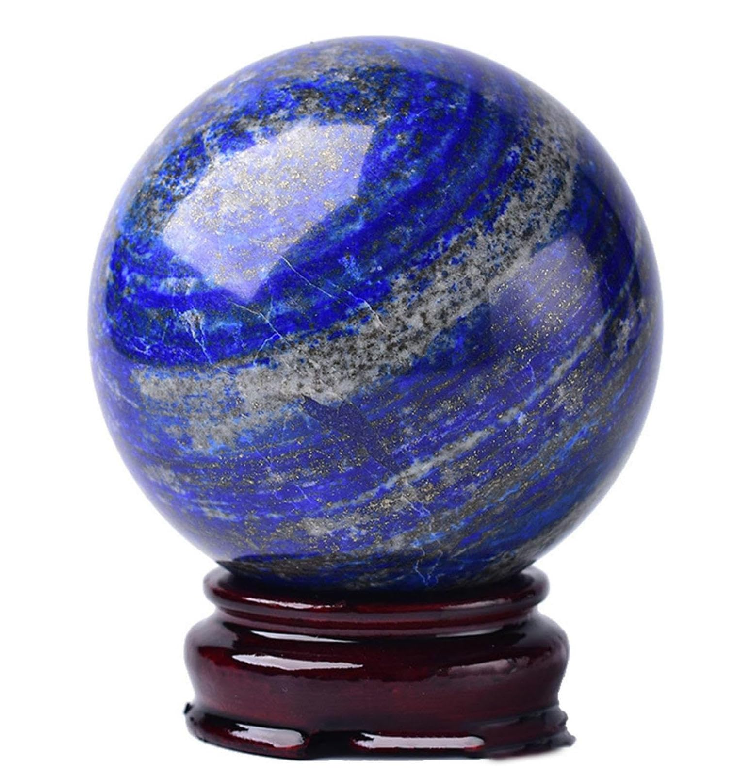 LHAOEEEYG Blues Lapis Lazuli Crystal Gemstone Sphere Polished Ball with Wooden Stand for Home Decoration,80mm