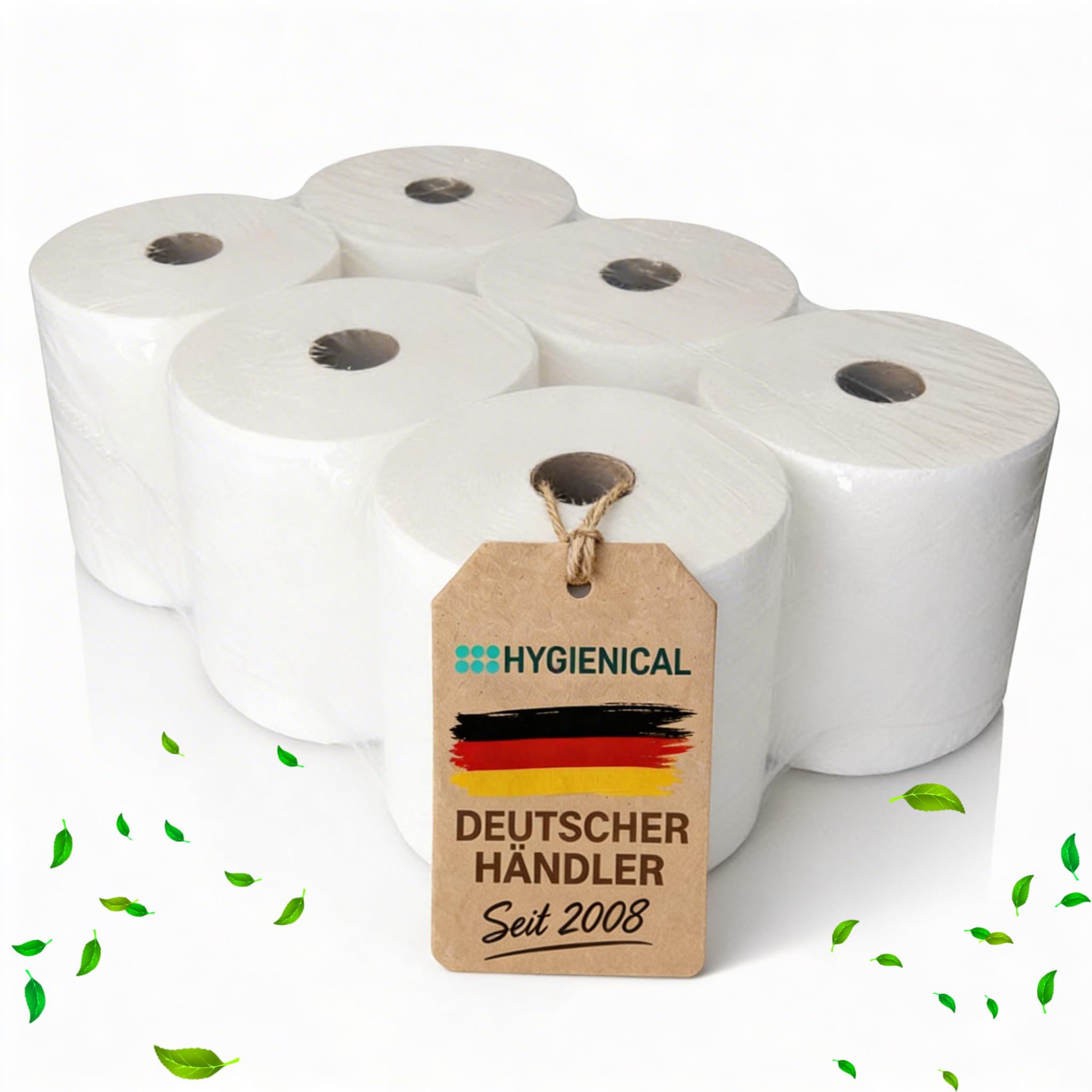 Premium Handtuchrollen 2-lagig, ca. 21 cm breit, aus 100% Zellstoff, kompatibel mit Spendern für Außenabwicklung, 6 Rollen – Weiche und saugstarke Papierhandtuchrollen