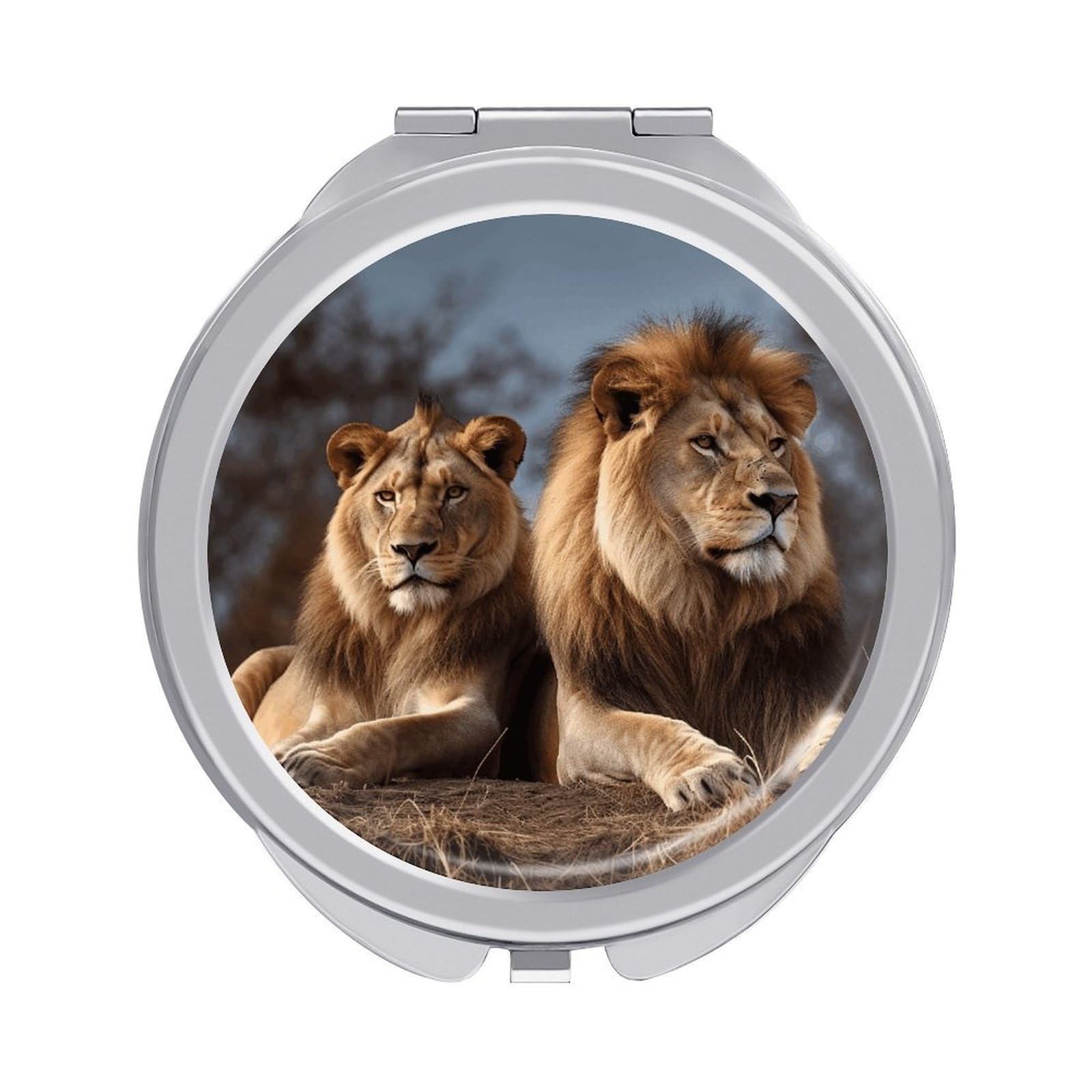 VstaDank Two Lions Travel Makeup Mirror Cute Compact Mirror for Women 1X/2X Magnifying Metal Pocket Makeup Mirrors Folding Round Makeup Mirrors for Handbag Wallet & Gift