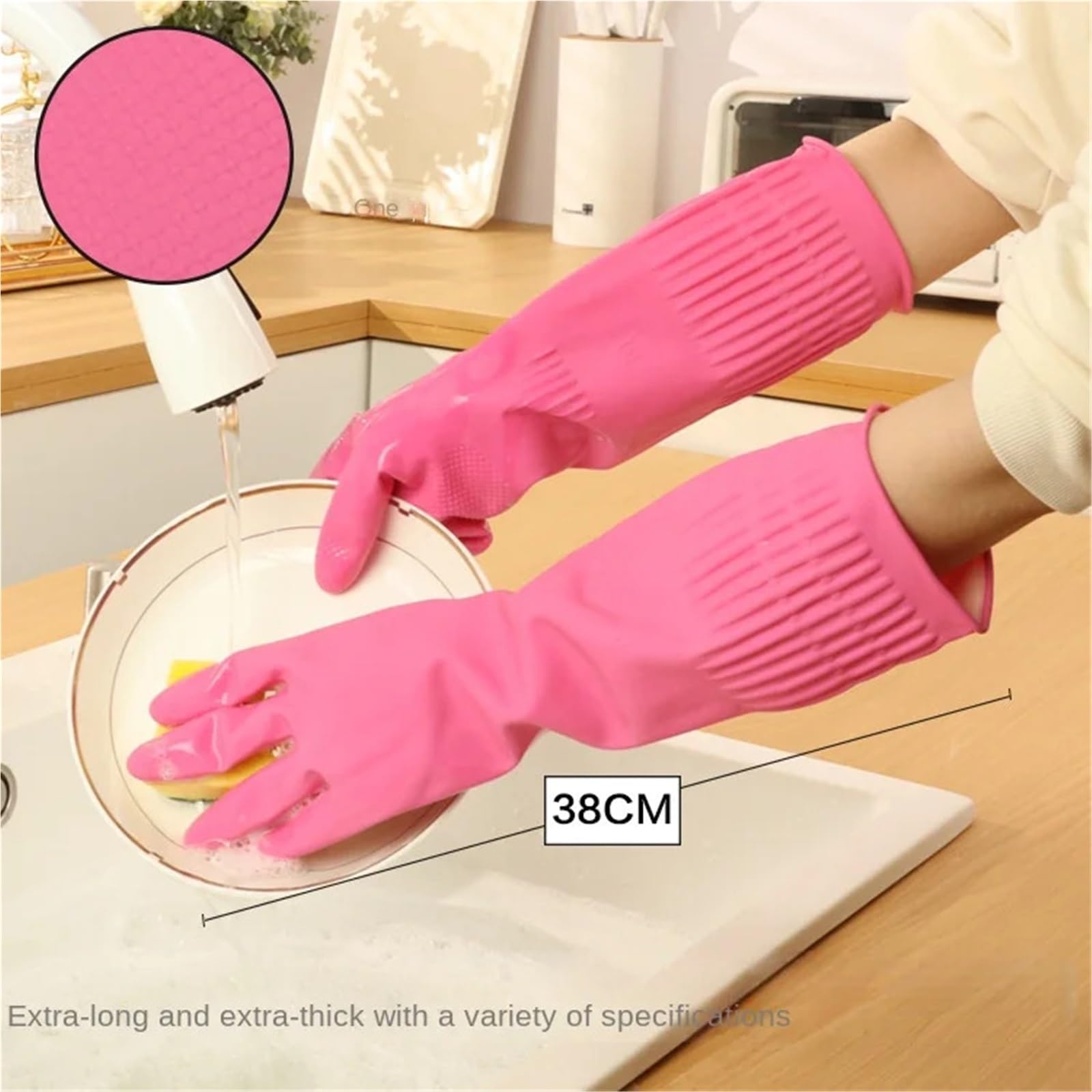 Guantes Limpieza Guantes for lavar platos de 38 cm, extra gruesos, goma rosa, for tareas domésticas extendidas, látex, resistentes al desgaste