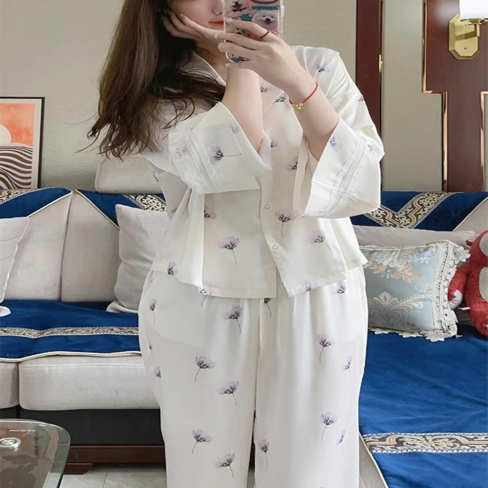 Pigiami da Donna Pigiama da Donna Primaverile E Autunnale, Cardigan in Raso, Manica Lunga, Fiore, Casual, alla Moda, Set di Vestiti per La Casa, Donna-a-m