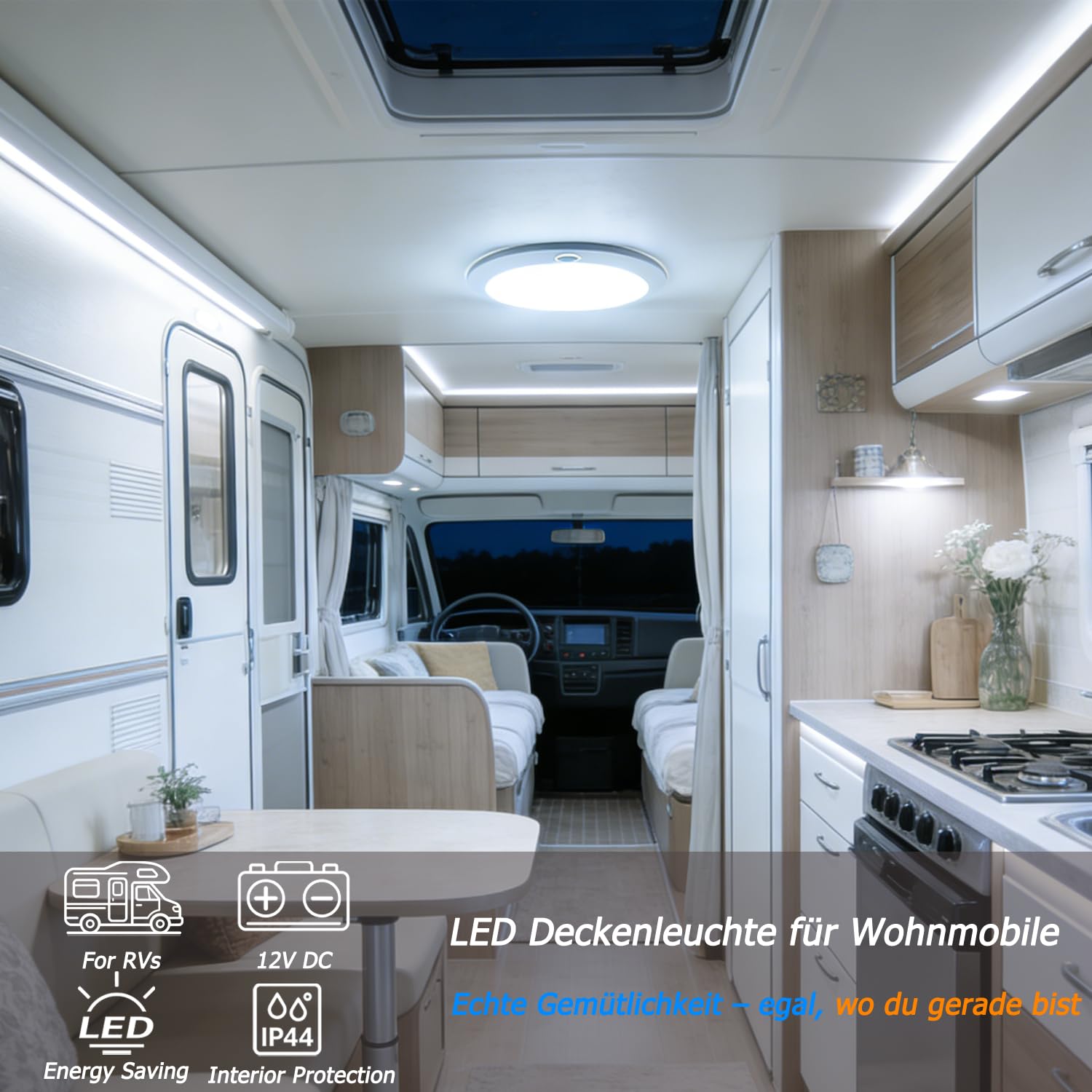 D-lite 12V Deckenlampe Wohnmobil, Wohnwagen Deckenleuchte, Kaltweißes Licht 6000K, Dimmbar, mit Blauem Licht, Memory-Funktion, Φ22CM Rund, Flach LED Lampe für Camper, Boot, Caravan