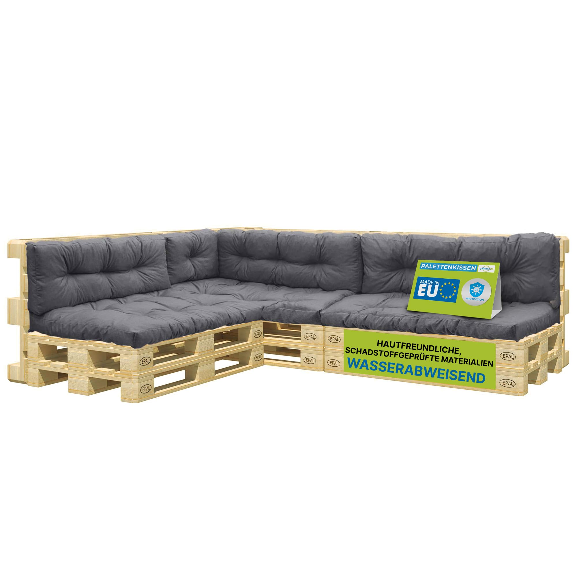 Palettenkissen – 8-teiliges Set | Palettenauflage für Palettensofa | Sitz- und Rückenkissen für Europaletten | Palettenmöbel Indoor & Outdoor, UV-beständig | Made in EU | Dunkelgrau
