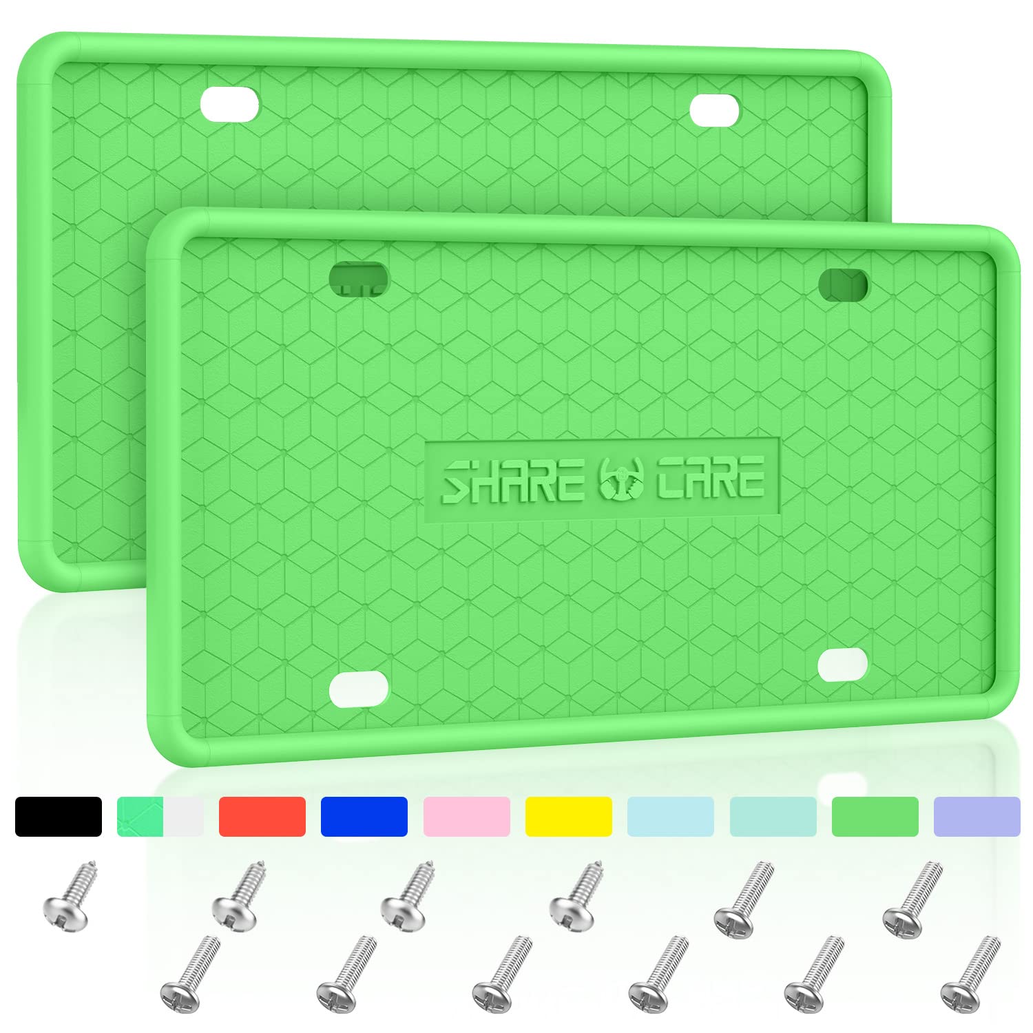 2Pack Silicone License Plate Frame, Front and Back Cover Without Obstruction, Bracket Holder Rust-Proof, Rattle-Proof, Weather-Proof for US Standard Car (Green) (LP-silicone)