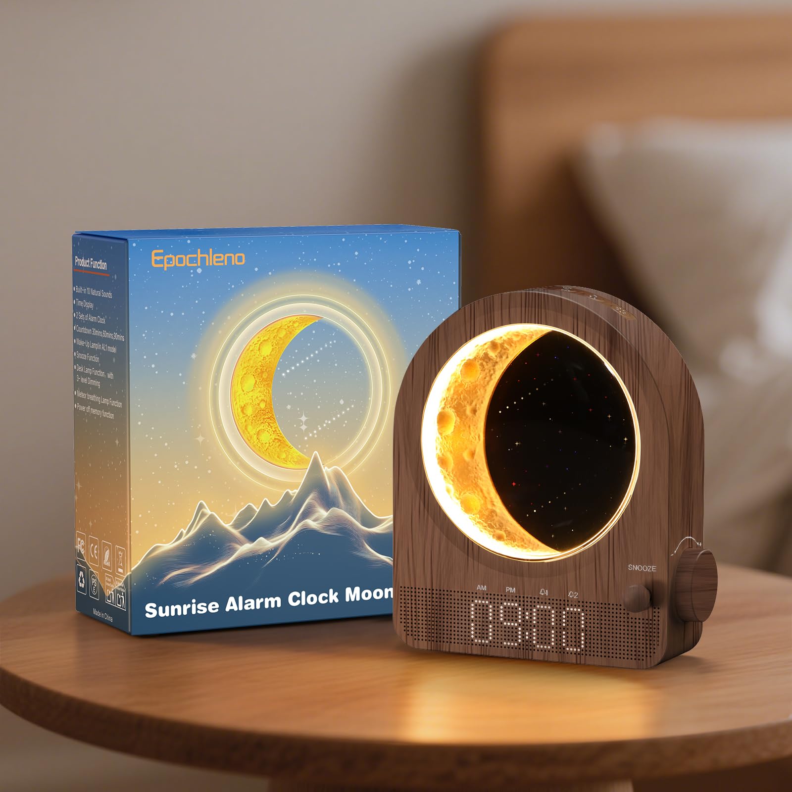 Despertador de luz del amanecer, dormitorio despertador con ruido blanco y luz de luna, 10 tonos y función de cuenta atrás y brillo ajustable -color nogal