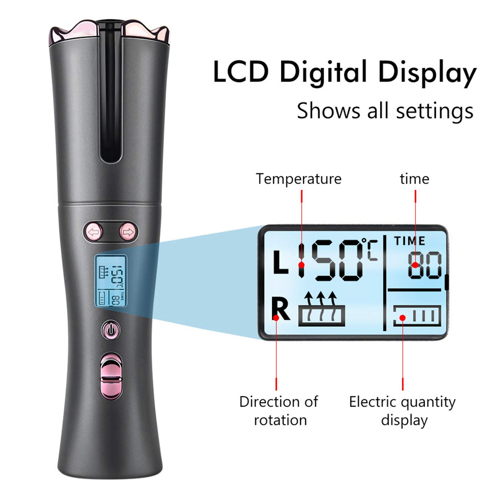 Automatyczna Lokówka USB Akumulator Bezprzewodowy LCD 6 Biegów Lokówka do Włosów Lokówka do Włosów Automatyczne Obracanie o 360 Stopni Inteligentna Lokówka Zmniejsza Kędzierzawienie Włosów