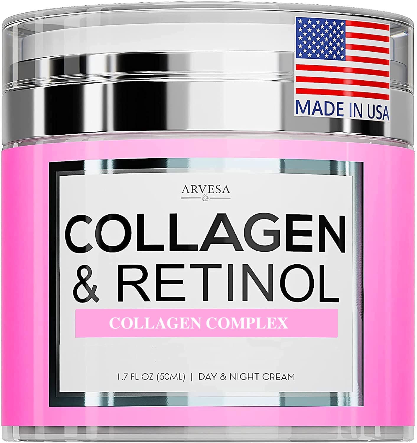 Arvesa Collagen Cream - Anti Aging Face Moisturizer - Day & Night Wrinkle Cream - Boosted with Hyaluronic Acid & Vitamin A+E - Natural Firming Cream for Fine Lines & Wrinkles - Made in USA