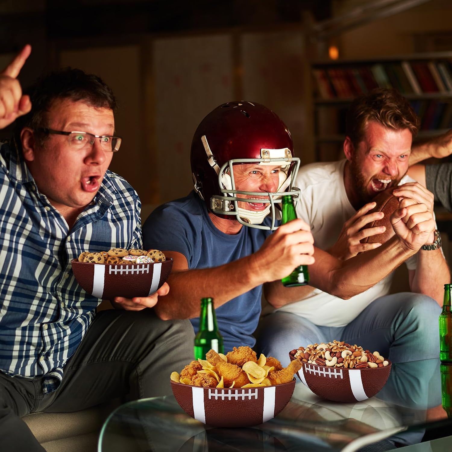 Qinyoung 4 Pack Football Serving Bowls Set 8 Inch Snack Bowls for Football Game Day Party Reusable Resin Serving Tray Dishes for Chips Popcorn Candy and Sport Themed Birthday Party Decoration (Medium)