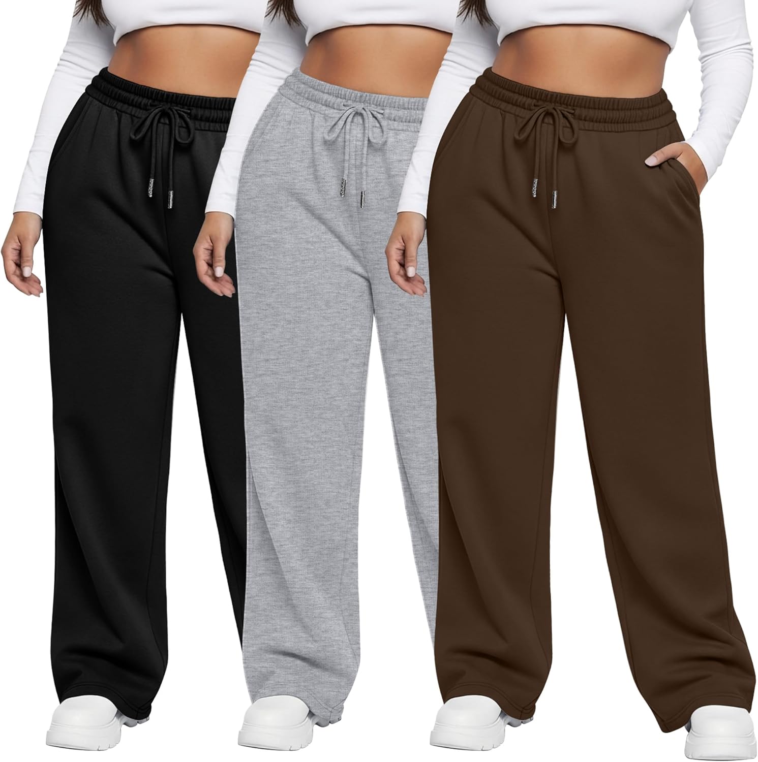 Neer 3 Pack Women's Plus Size Sweatpants Wide Leg Cargo Lounge Pants High Waist Ladies' Slacks Drawstring Jogger with Pockets