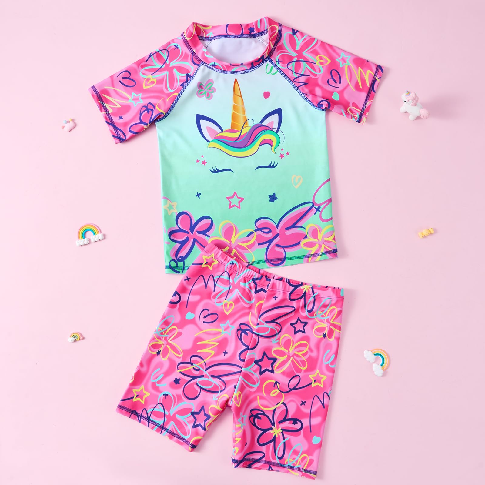 Mädchen Badeanzug Kinder Zweiteiliger Kurzarm Badeanzug UPF 50+ UV Rash Guard Set