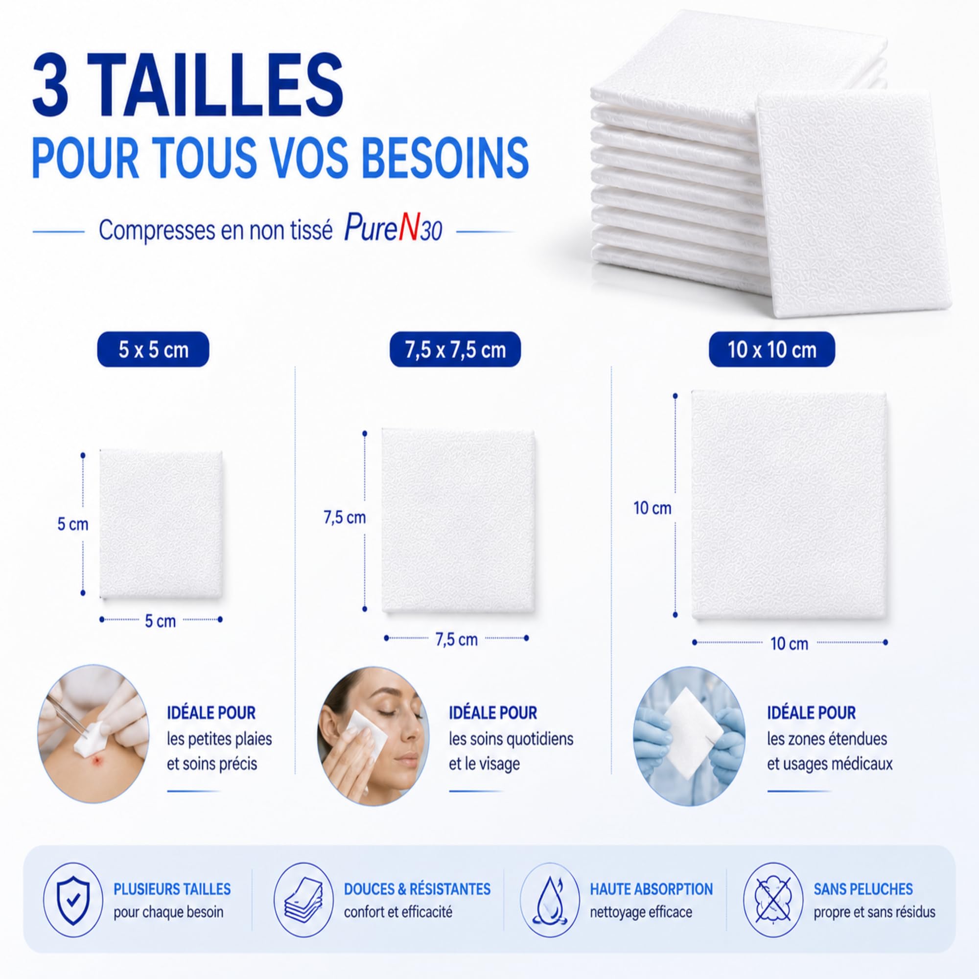Lot de 10 Sachets de 100 Compresses Non Tissées Non Stériles (7,5 x 7,5cm) – Hypoallergéniques, Ultra-Absorbantes – Usage Médical et Domestique – Le Pro du Médical