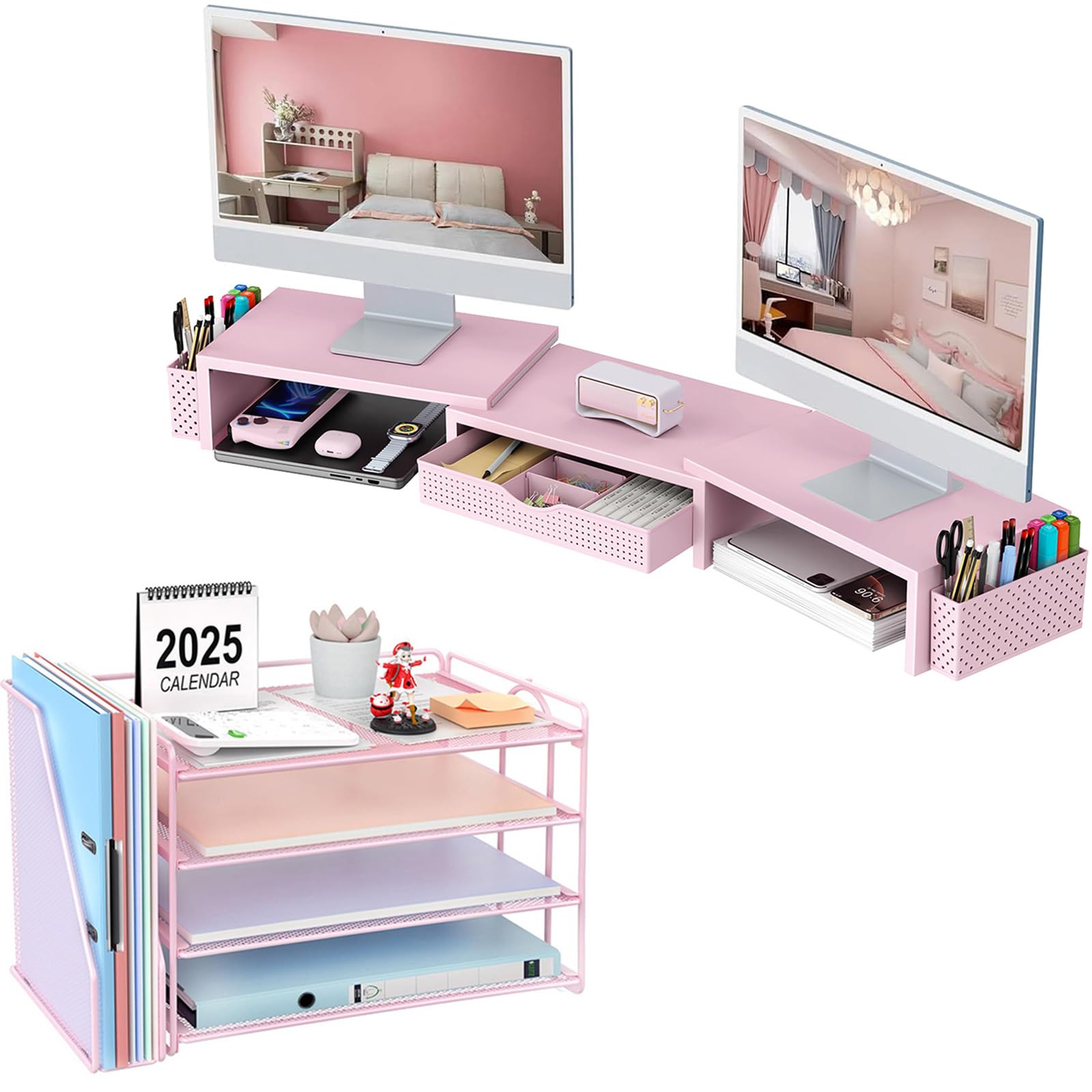 gianotter Dual Monitor Stand Riser + 4-Tier Paper Organizer (Pink)
