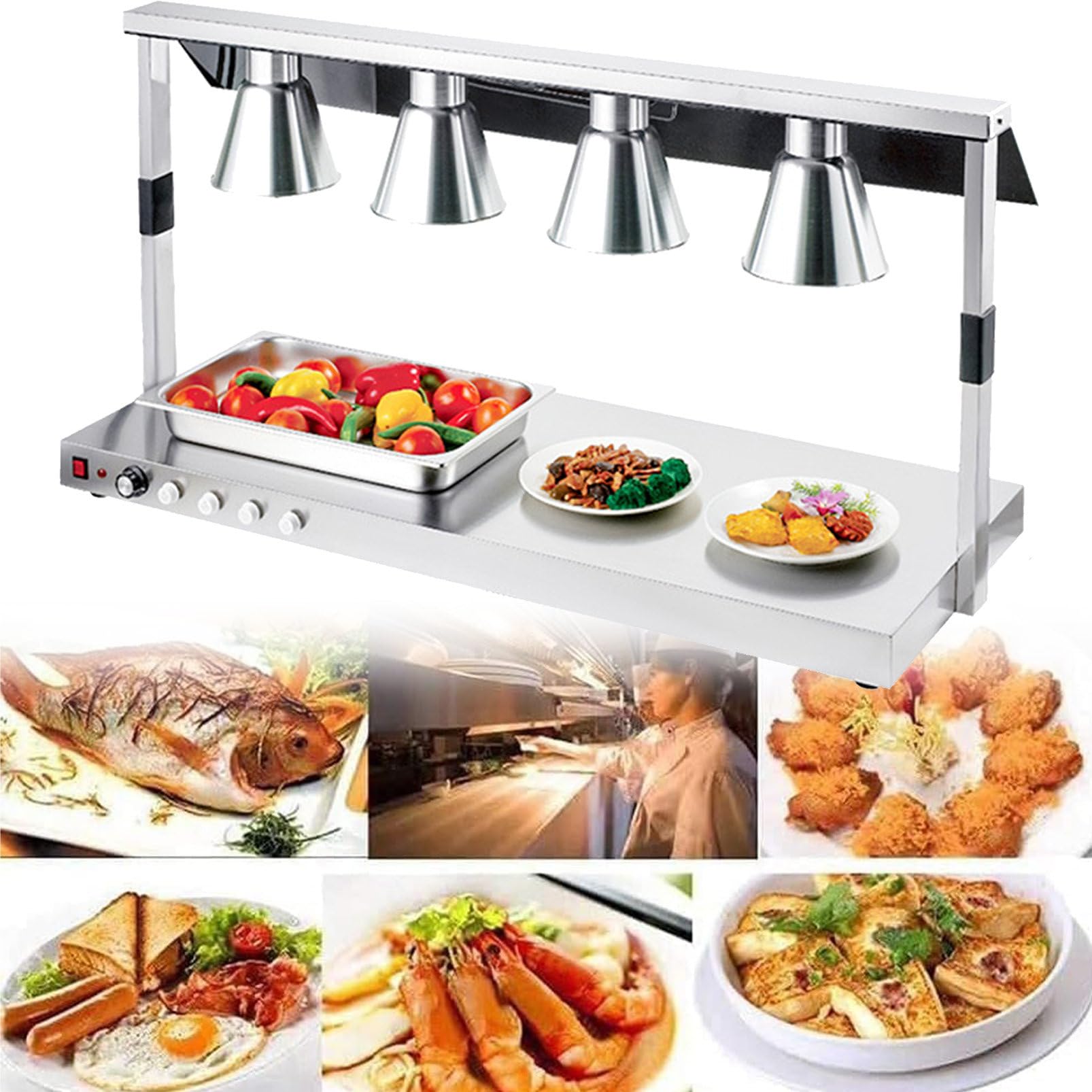 Lampada riscaldante per Alimenti a 1/2/3/4 Testa, Lampada riscaldante per Pizza a Buffet, Piano da Tavolo in Acciaio Inossidabile Commerciale, per Mantenere Il Cibo Caldo, per Mense di Cucina di RIS