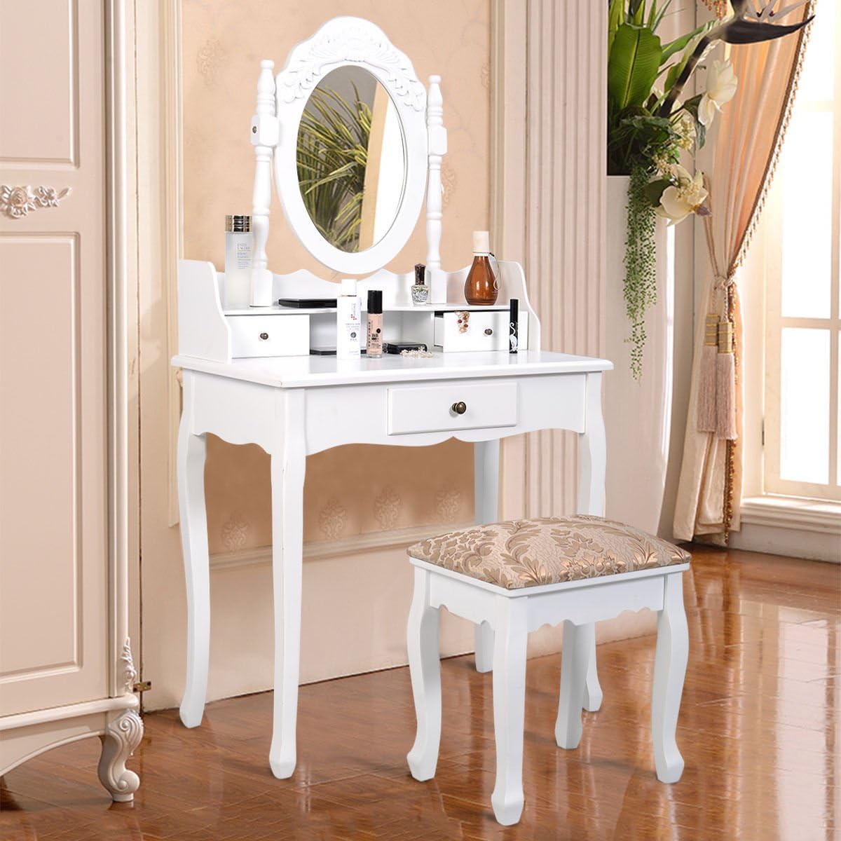 Vanity Table Jewelry Makeup Desk Bench Dresser w/ Stool 3 Drawer White YRS 1225