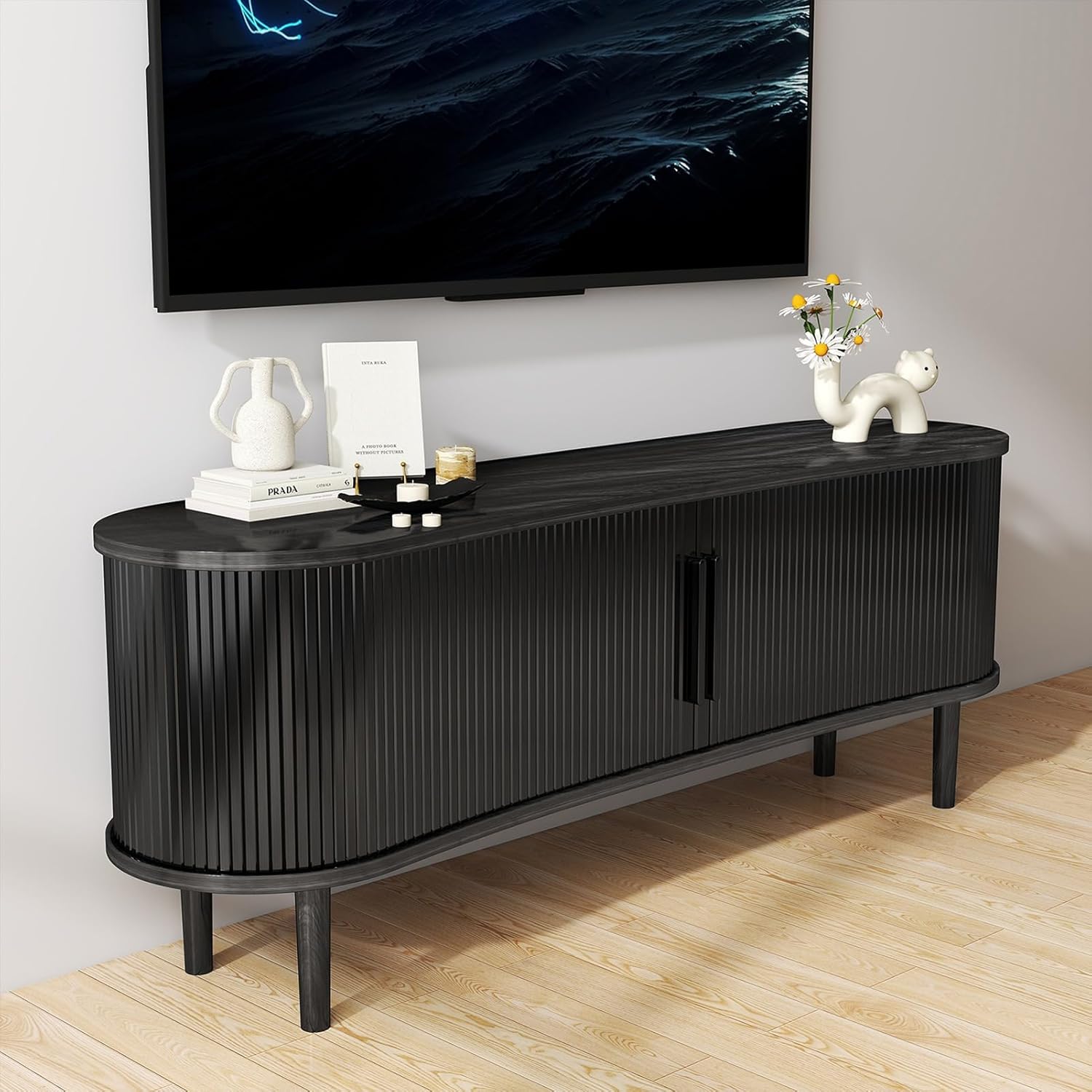 TV Stand for 65 Inch TV, Mid Modern Entertainment Center Fluted Sliding Doors Media Console Table for Living Room Beadroom, Black