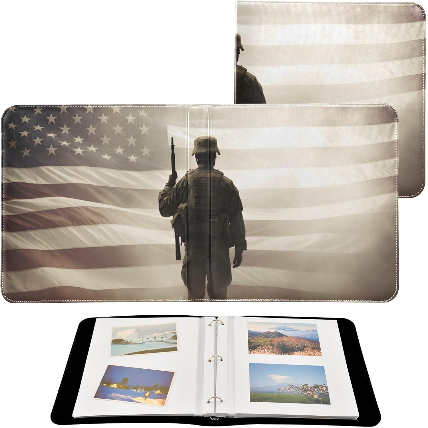 Photo Album Self Adhesive Soldier Retro American Flag 3 Ring Binder Picture Album with Leather Cover Scrapbook Hand Made DIY Albums with 20 Detachable Sheets (40 Pages) for 4x6, 5x7, 6x8 Pictur