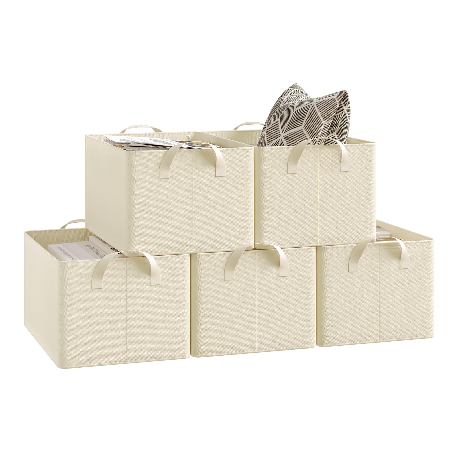 WOLTU Aufbewahrungsbox 5 Stück, aus Polyesterstoff, für Schlafzimmer, Arbeitszimmer, Wohnzimmer, Organizer Box mit Griffen, für Kleidung Spielzeug, faltbar, Creme, 37,5x20x26 cm