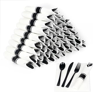 50 Pack Pre Rolled Black Plastic Silverware Set with Napkins | Wrapped Plastic Cutlery Set with Napkin Include 50 Forks,50 Spoons,50 Knives,50 White Napkins for Party,Wedding,Christmas