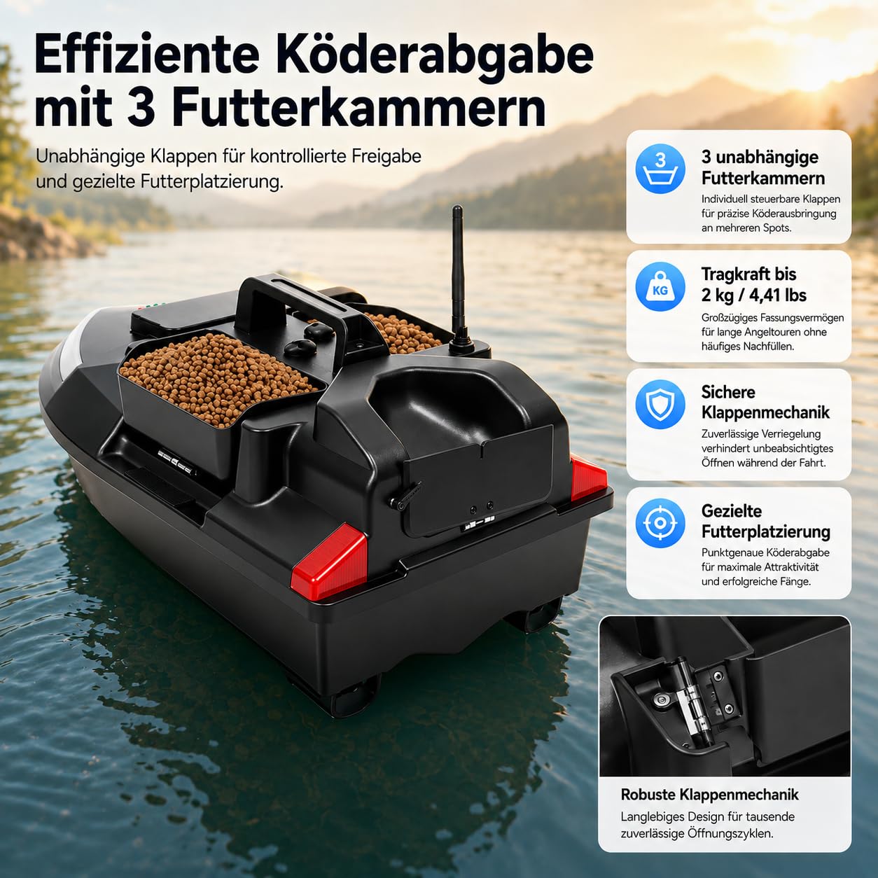 500M RC Köderboot ABS Angelköder Boot Fernbedienung Futterboot mit GPS 3 Köderboxen Fischköder Boot Angeln Futterboot mit Suchscheinwerfer & 12000mAh Batterie (Schwarz)