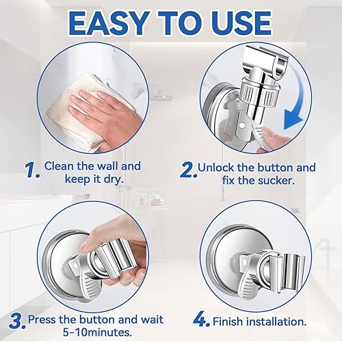 Miniatura 3 de Soporte de cabezal de ducha ajustable, soporte de ducha de mano con ventosa de baño, cabezal extraíble y soporte de succión montado en la pared