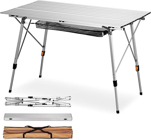 FiveJoy Mesa de campamento plegable portátil para exteriores, mesa de campamento de picnic con patas de aluminio, altura ajustable, mesa enrollable