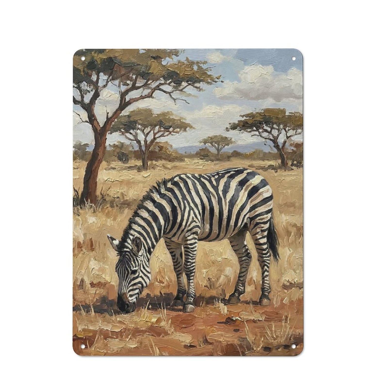 Junmoney Style-22 Zebra Grazing In African Savannah Tin Wall Plaque 40X30cm, Barn Style Rustic Kitchen Decor For Farmhouse Kitchen, Pantry Or Dining Area