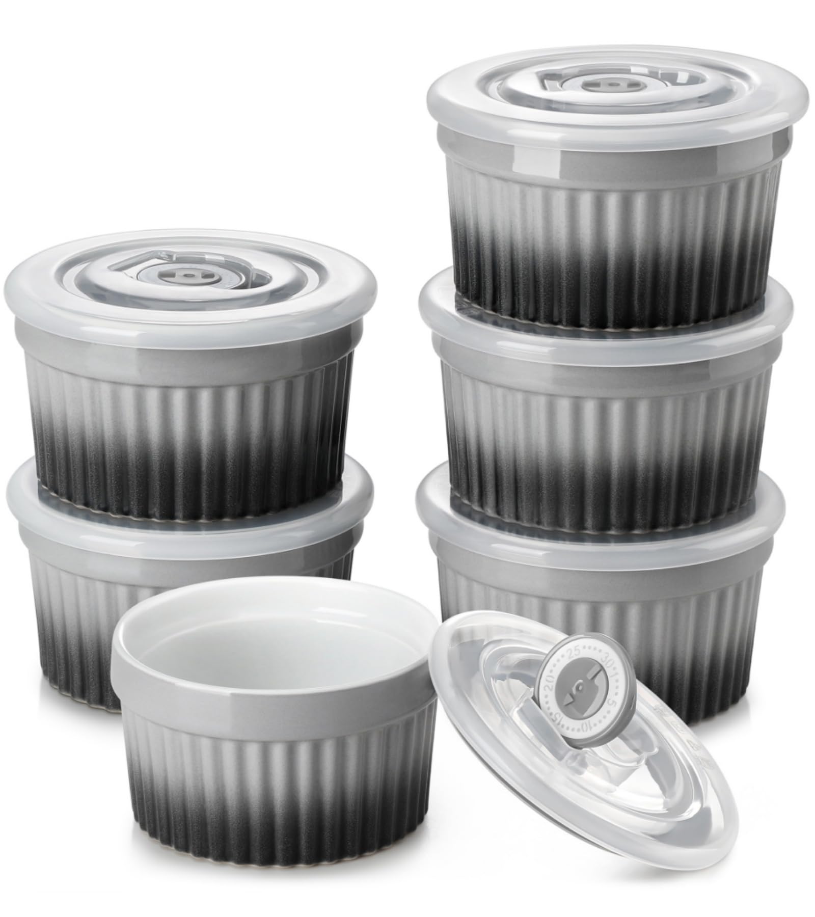 vancasso 6 oz Ramekins with Lids, Souffle Dishes Set of 6, 9.5cm Porcelain Creme Brulee Ramekins, Baking Cups for Pudding, Fruits, Dips, Dishwasher and Oven Safe, Grey