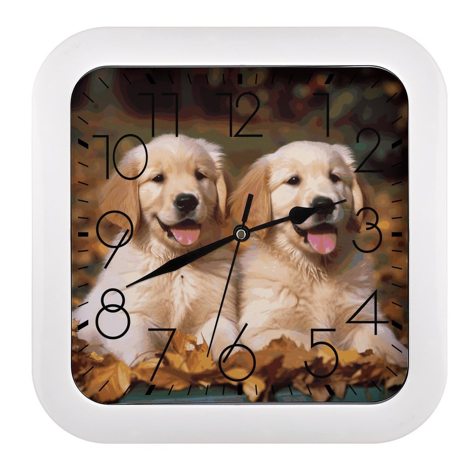 MUSM 10.2 X 10.2 Inch Modern Golden Retriever Dogs Puppies Pets Wall Clock Battery Operated High Accuracy Decorative Square Clocks for Kitchen Bedroom Living Room Home Office Porch