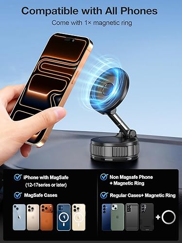 Miniatura 6 de Soportes magnéticos para teléfono para tu automóvil, soporte de teléfono con ventosa al vacío con succión fuerte y estable base de rotación de 360,