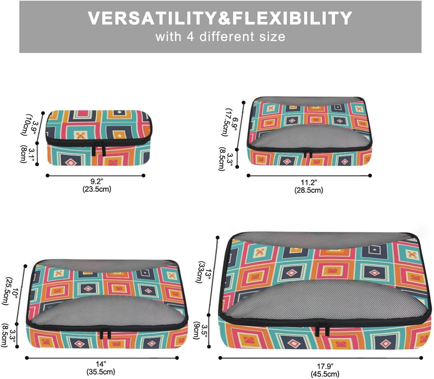 Geometric Colorful Plaids Boho 4 Pcs set organizer travel case Mesh Travel Essentials portable packing cubes for suitcases