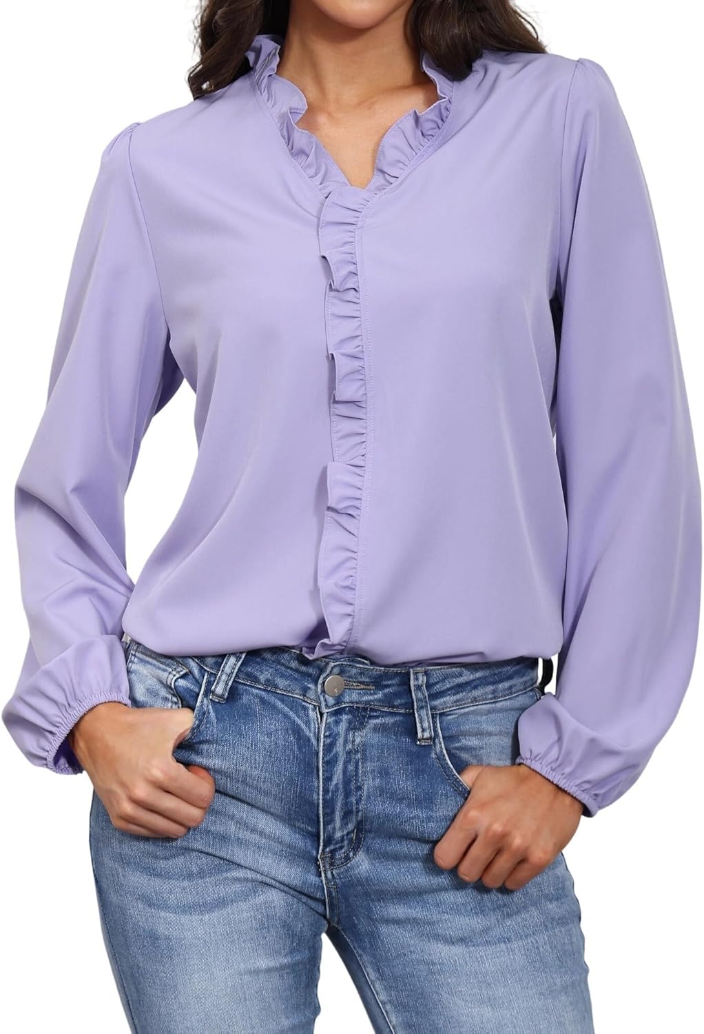 Women Blouses Ruffled V Neck Long Sleeve Shirt Solid Dressy Tops