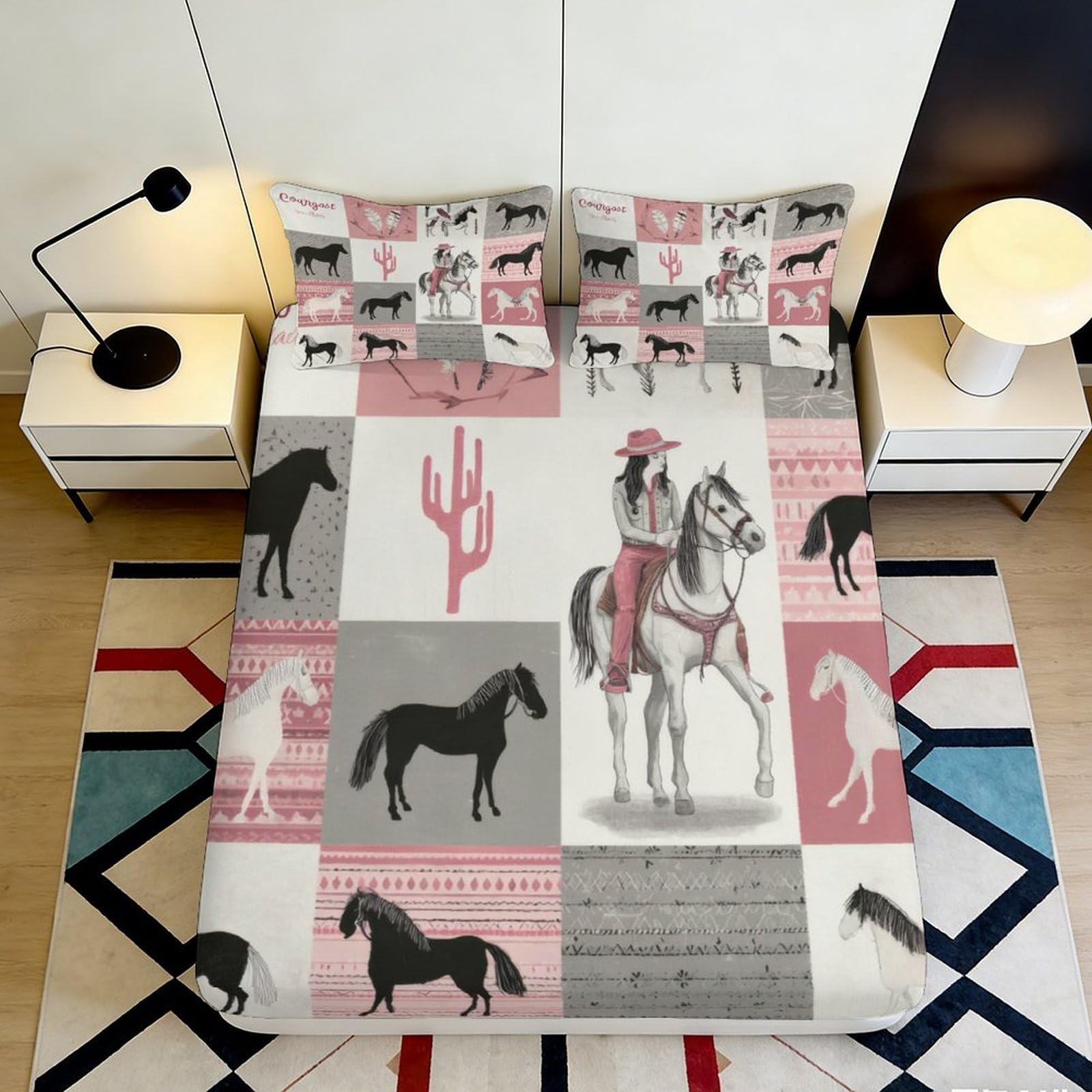 Jqzkxnhpbr Style-6 3D Printed Cowboy Horse Fitted Sheet Microfiber Soft Western Cactus Bed Cover For Bedroom Guest Room Decor 90X200x25cm