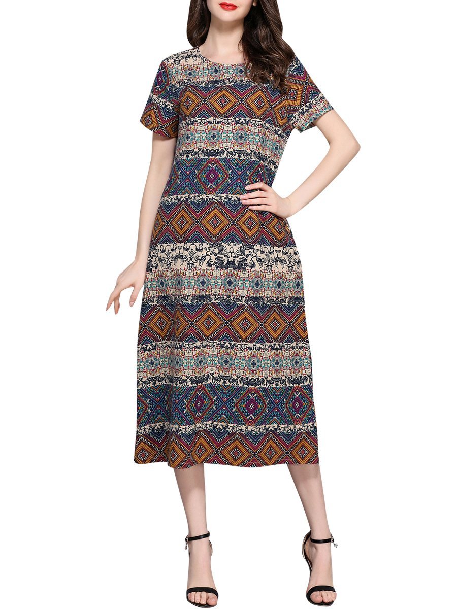 Plus Size Print Cotton Linen Dress Midi Casual Ladies Stripe with Pocket H8916 M-5XL