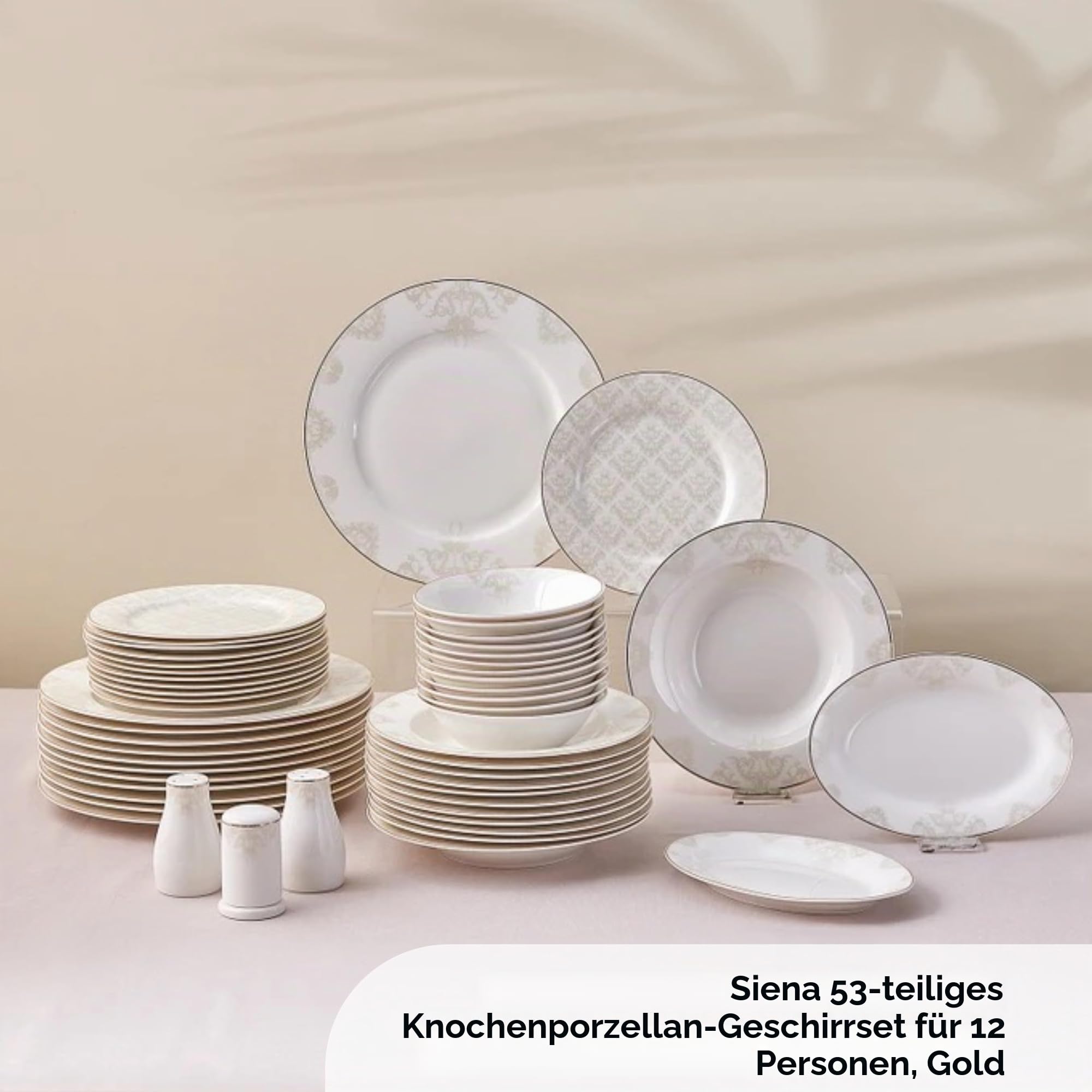 Karaca Elegance Bone Siena - 53-teiliges Geschirrset für 12 Personen, Modern Teller Set aus Porzellan, Geschirr Set mit Suppenschalen, Servierplatte, Tiefe Teller, Dessertteller - Weiß & Gold