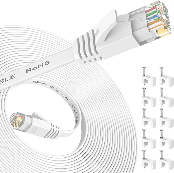 Folishine Ethernet Cable 25 ft, Cat 6e/Cat6 Ethernet Cable High Speed with Network Patch Cords, LAN Cable Clips with Rj45 Connector for Router Modem Faster Than Cat 5e/Cat 5-White