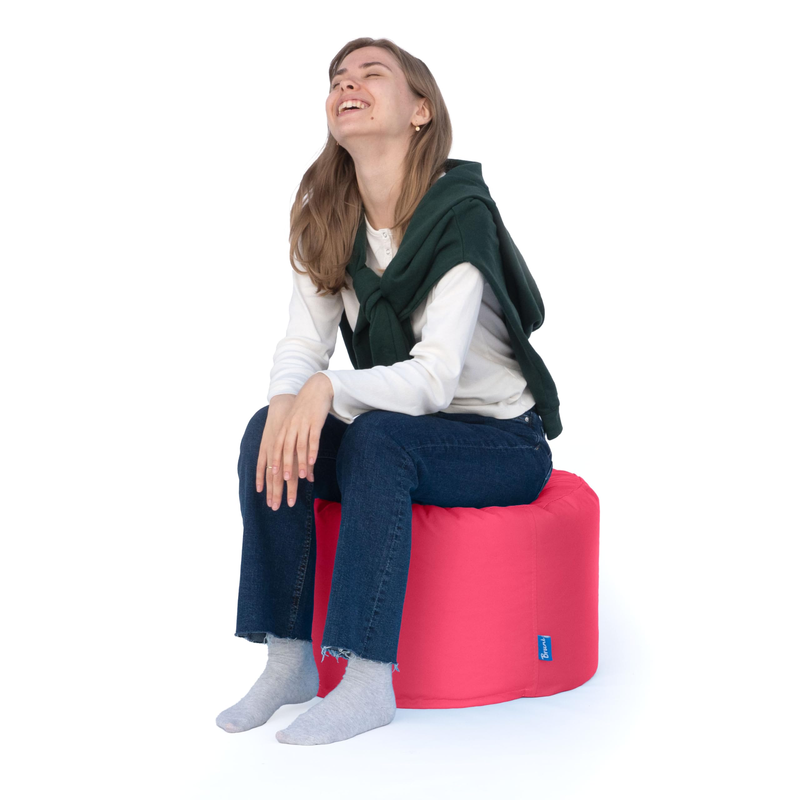 Bruni Pouf Rotondo L Rosa – Pouf poggiapiedi per interni ed esterni, Sgabello a sacco con imbottitura in perle EPS, Cuscino rotondo da Yoga e meditazione, Fodera lavabile