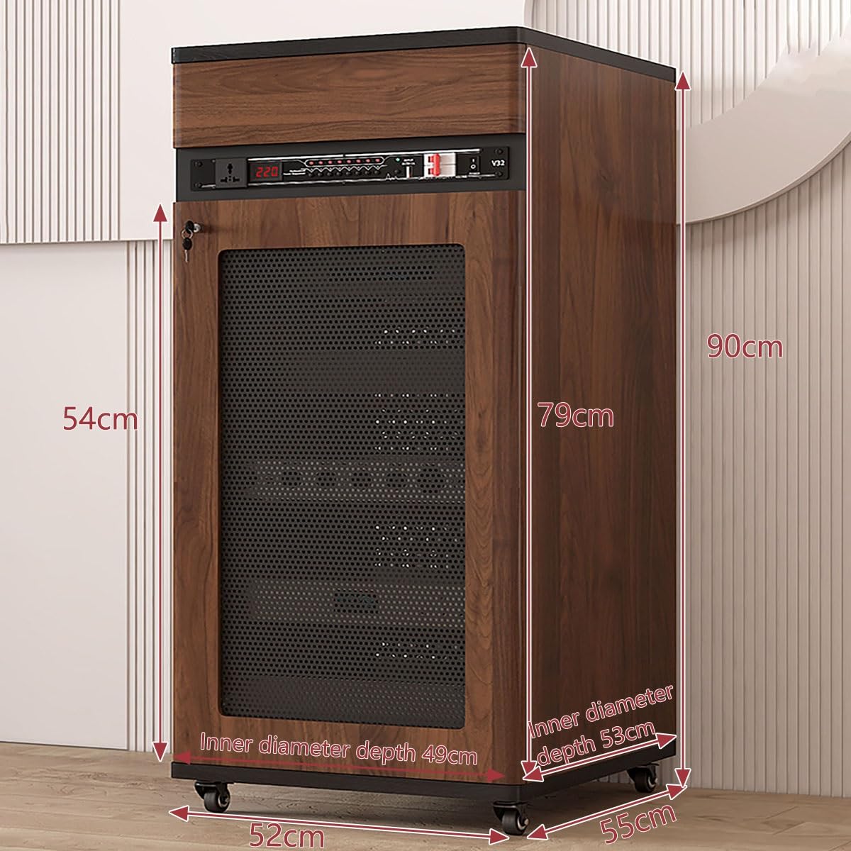 4 Tiers AV Media Stand Corner Shelf, Solid Wood Media Stand with Wheel, Media Storage Cabinet, AV Media Tower Stereo Cabinet, Floor-Standing Audio Rack, Stereo Rack with Drawer(Brown,52 * 55 * 90cm)