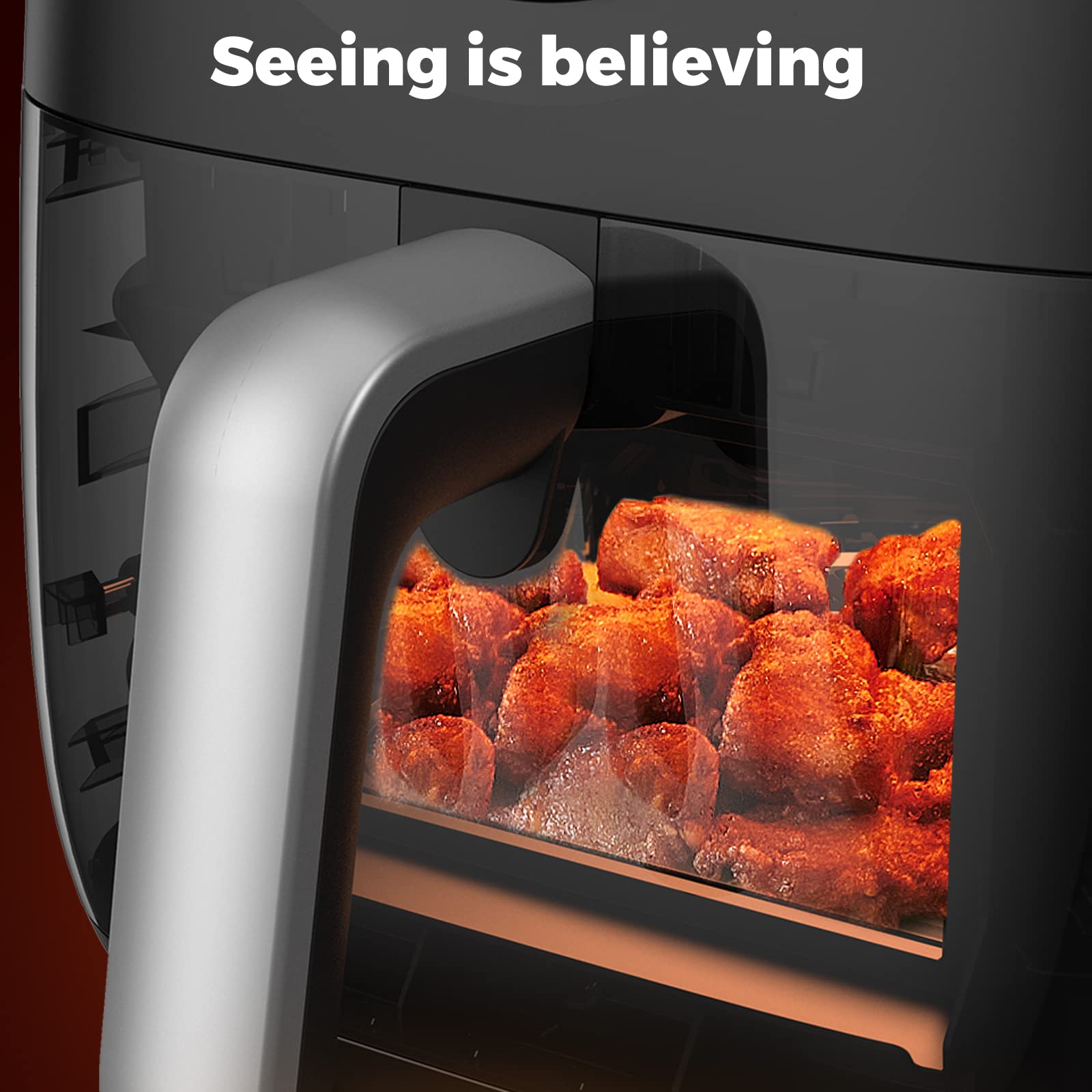 JOYAMI Freidora sin Aceite 5,7L XXL Air Fryer con 100 Recetas en Español, Freidora sin Aceite con 8 Programas Funciones, Ventana Visible Pantalla Táctil LED, Cesta Antiadherente, 1700W, Negra