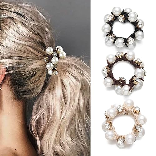 Brinie Lazos para el cabello elásticos negros para el cabello, bandas para el cabello con perlas, cuerdas de cristal para el cabello, accesorios