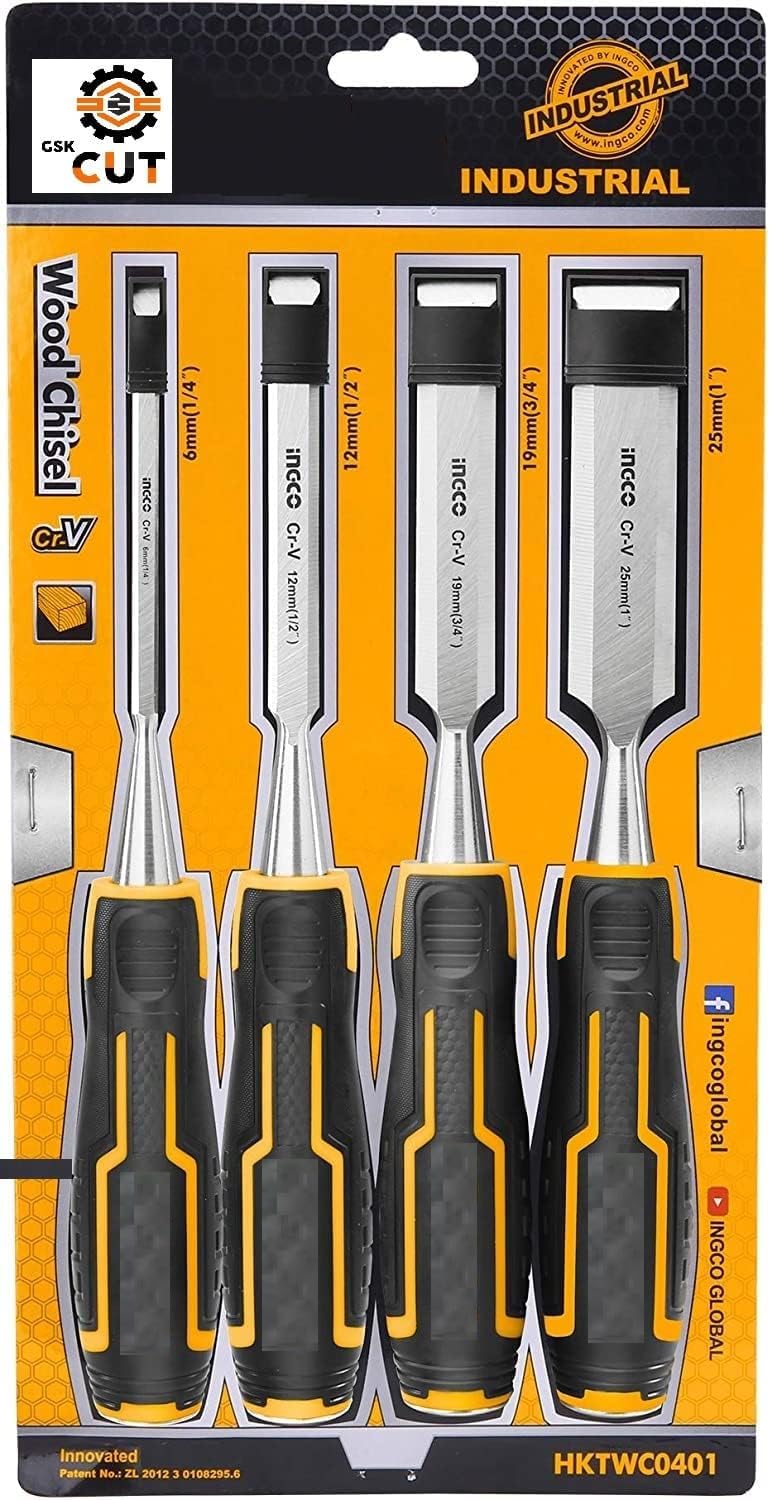 GSK Cut® 4Pcs Wood Chisel Set Sturdy Chrome Vanadium Steel Woodworking Chisel Set Tools 1/4",1/2",3/4",1", Shock-Absorbing Grip and Steel Striking Cap Carpenter Carving