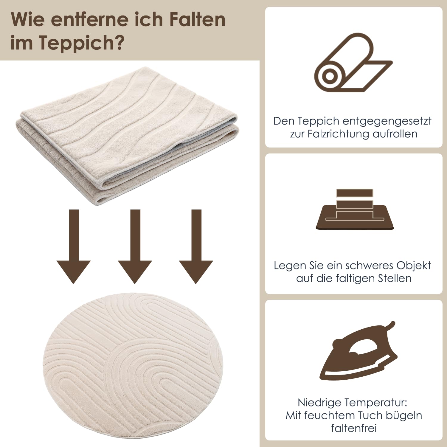 Runder Teppich Beige Ø 120 cm mit Relief-Struktur Kreise, Weicher Soft-Flanell, rutschfest, Waschbar & Faltbar, Deko-Akzent für Kinderzimmer & Leseecke