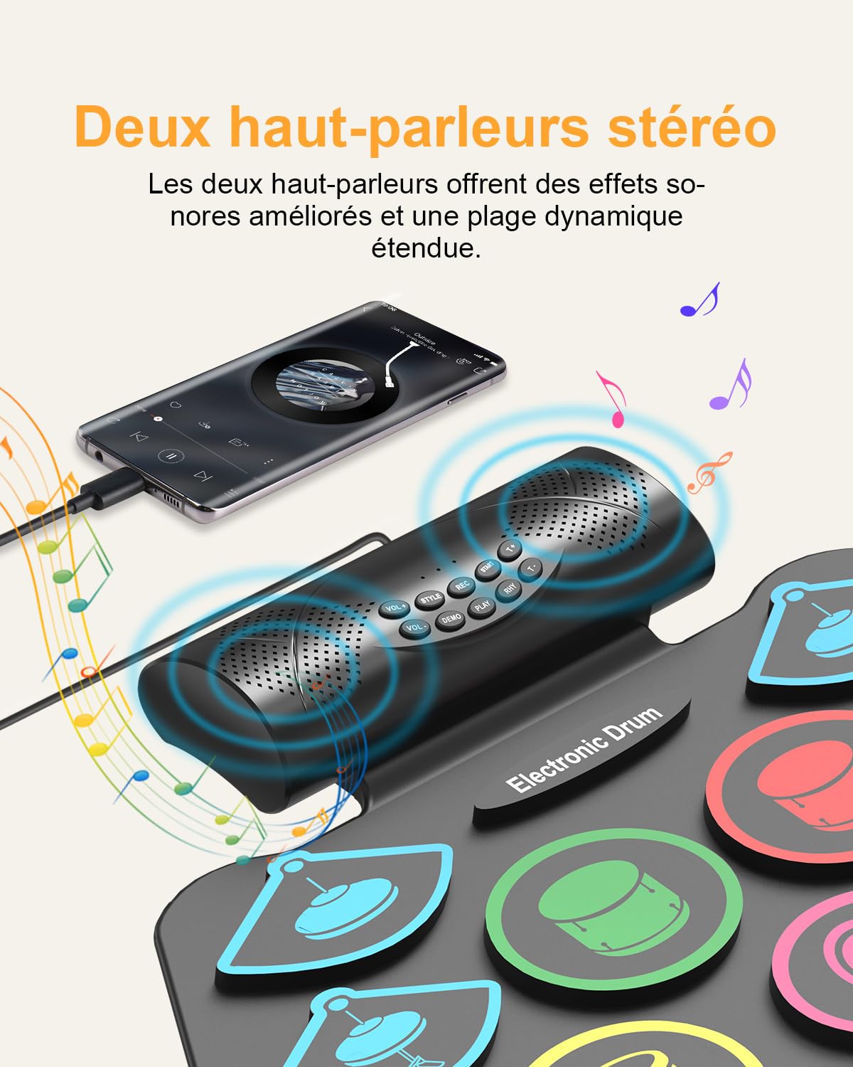 Batterie électronique pour enfants, 9 pads Roll-Up Drum avec MIDI Bluetooth, kit de pads de batterie d'entraînement pour enfants débutants avec haut-parleur stéréo intégré, baguettes de batterie
