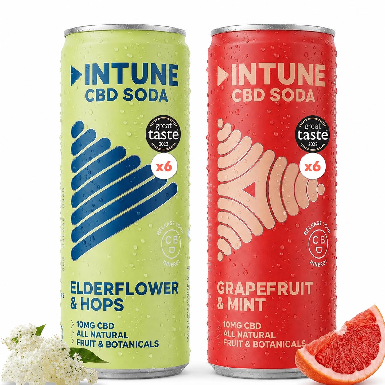 INTUNE CBD Drink Variety Pack | 2 Sparkling Fruit Flavours | Natural, Vegan, Low Calorie Drink | CBD Infused Soft Drinks | CBD can | Elderflower Hops & Grapefruit & Mint | 12x250ml Cans